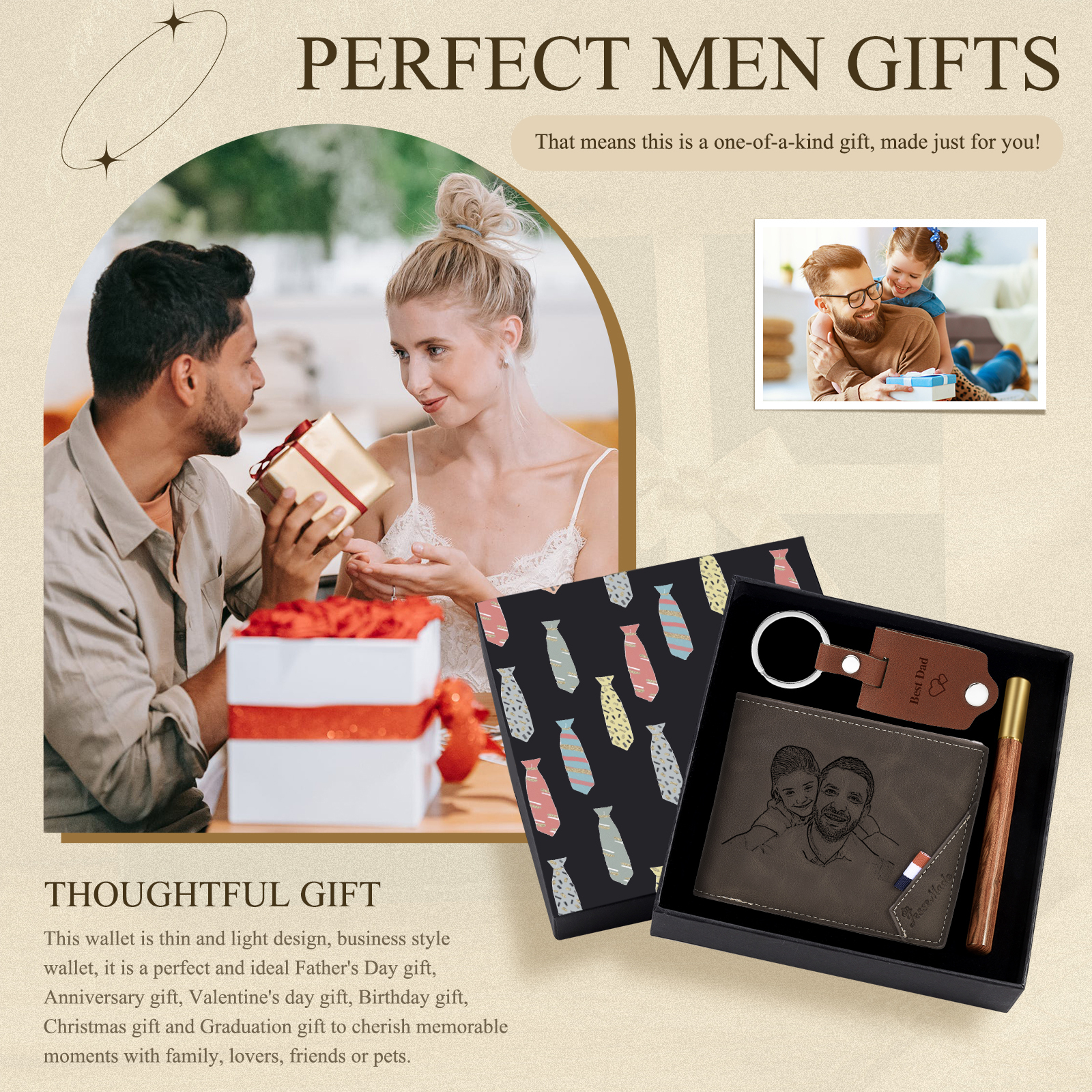 Coffret Cadeau 3PCS - Portefeuille classique Porte-Clés et Stylo 2 Photo et Textes Personnalisés avec 1 Prénom et Lettre Coffret Cadeau pour Homme