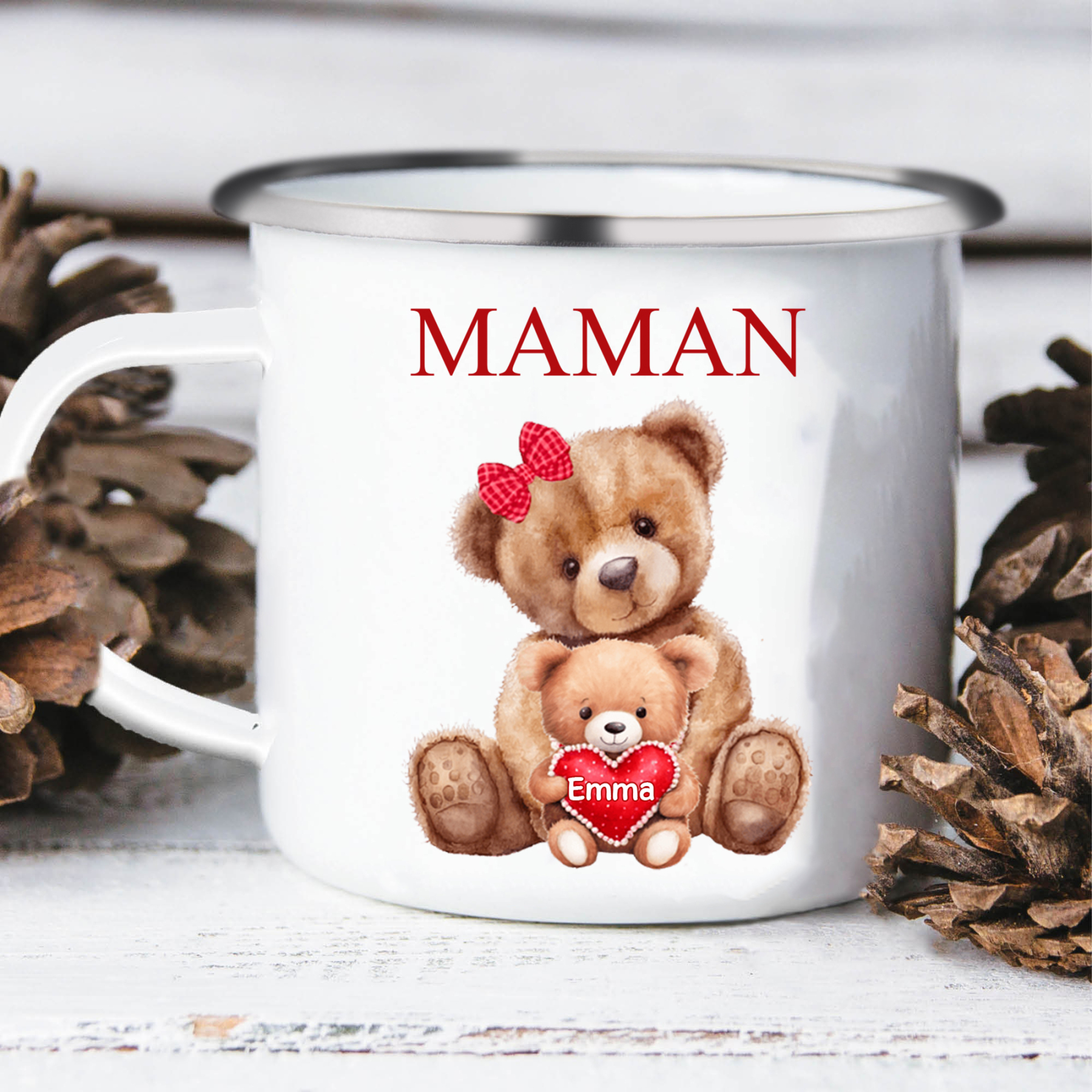 À Maman/Mamie - Tasse émaillée Ours 1 Prénom Personnalisé