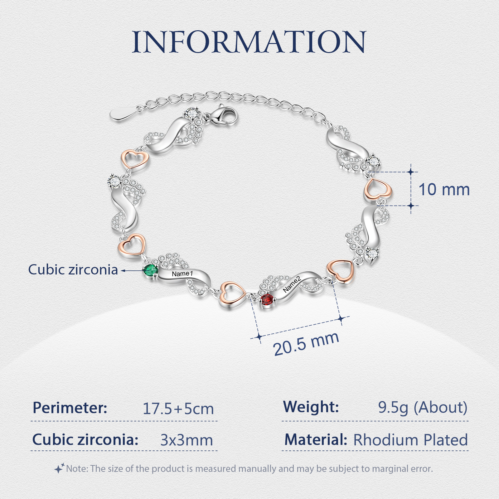 Bracelet pied bebe et Cœur 2 Prénom Personnalisé avec 2 pierre de naissance