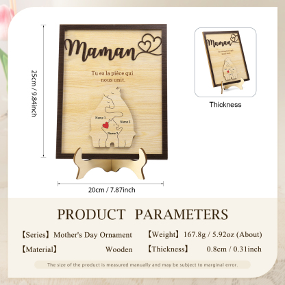 À ma Maman - Décoration en bois Ours 3 Prénoms Personnalisés Ornement pour Famille