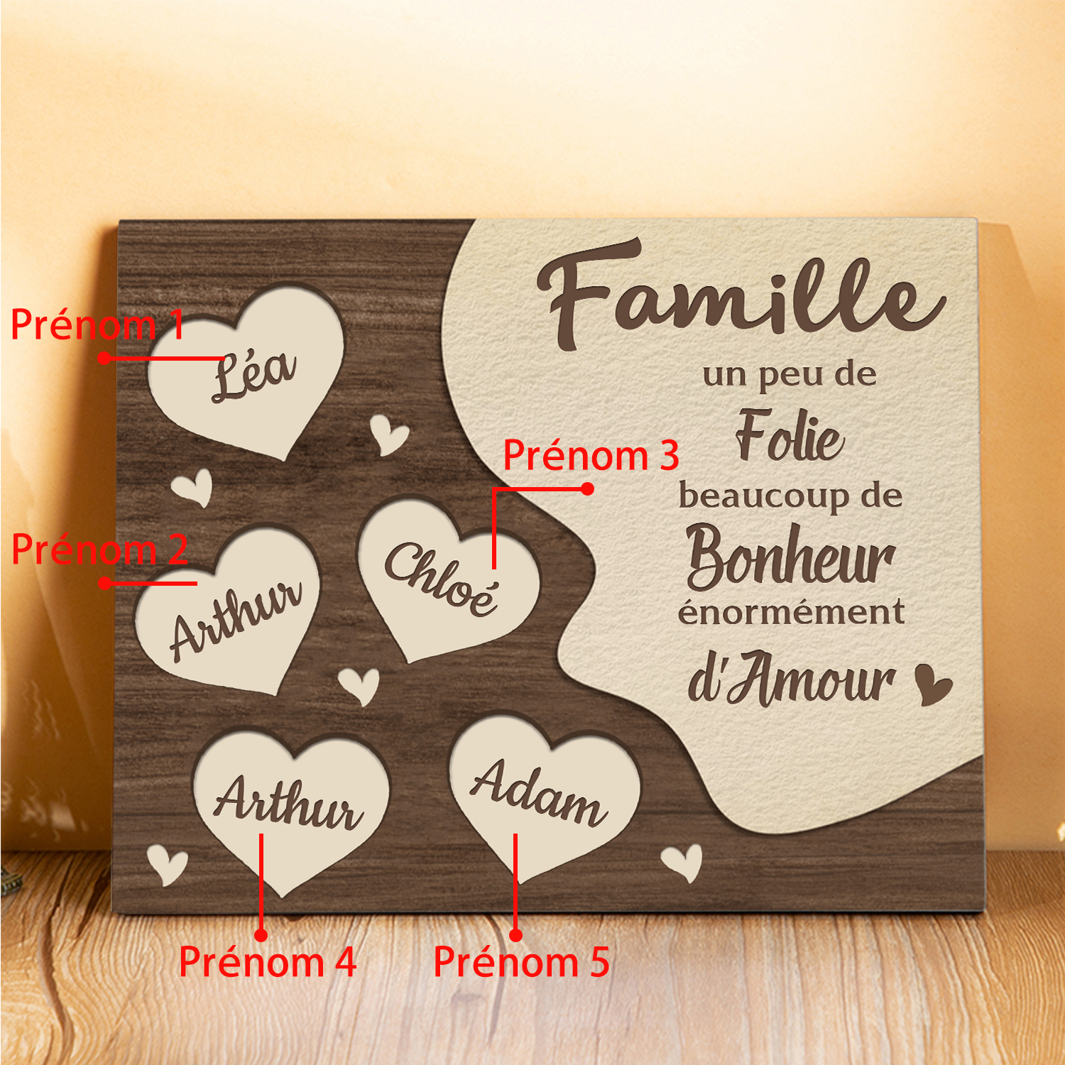 Cadre en Bois Cœur 5 Prénoms Personnalisés pour Famille