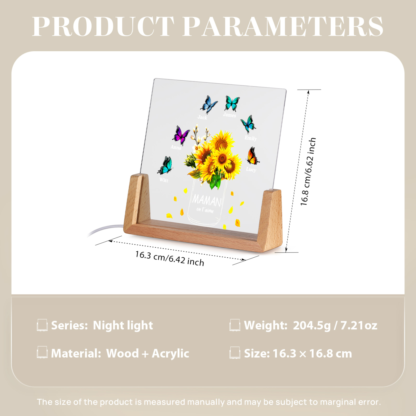 À Maman/Mamie - Lampe de chevet LED Tournesol 6 Prénoms Personnalisés avec 2 Textes pour Famille