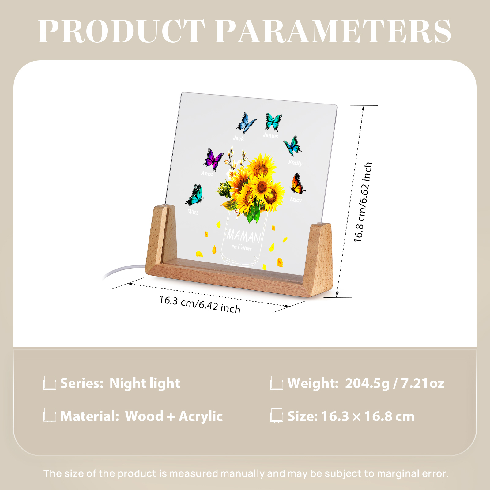 À Maman/Mamie - Lampe de chevet LED Tournesol 6 Prénoms Personnalisés avec 2 Textes pour Famille