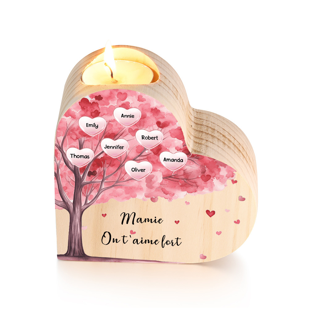 À Ma Maman/Mamie - Bougeoir en Bois Arbre 7 Prénoms et 1 Texte Personnalisés pour Famille sans bougie