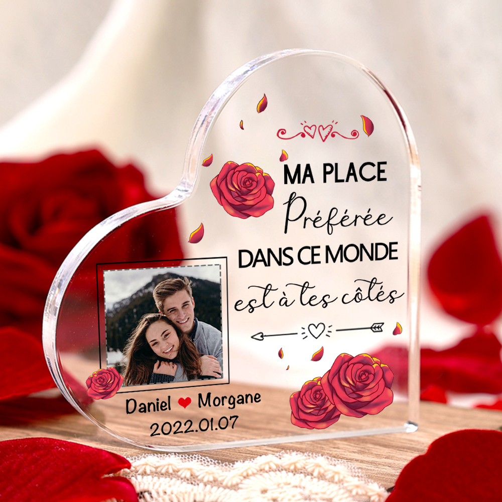 Plaque Acrylique en Forme de Coeur 2 Prénoms avec Photo et Date Personnalisées-Jessemade FR