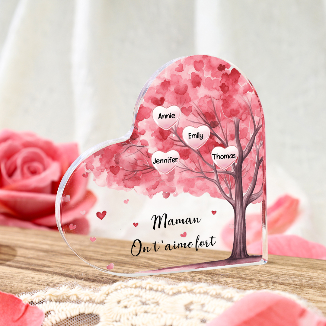 À ma Maman/Mamie - Plaque Acrylique Arbre en Forme de Cœur 4 Prénoms Personnalisés avec 1 Texte
