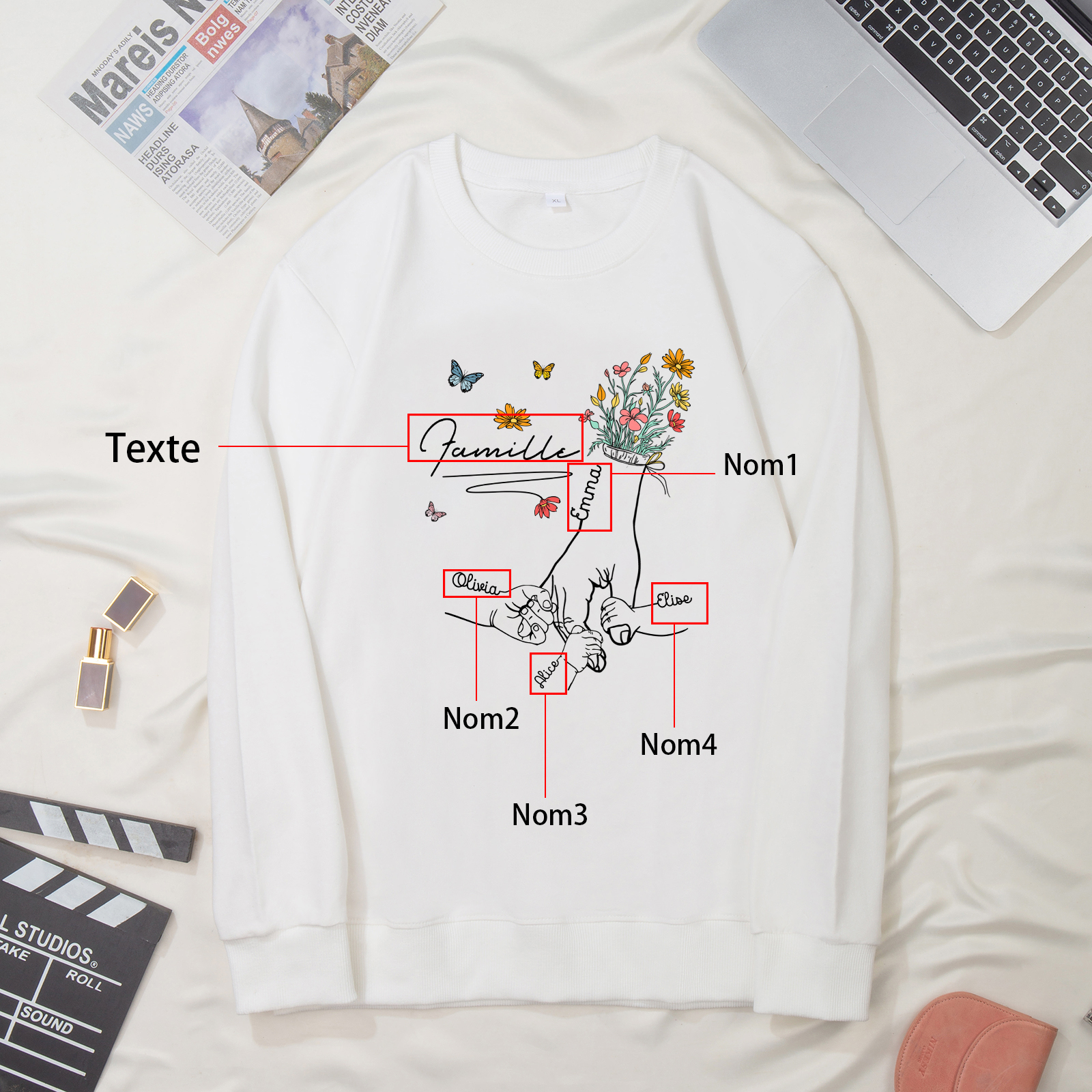 Sweat-Shirt la main dans la main 4 Prénoms Personnalisés avec Texte