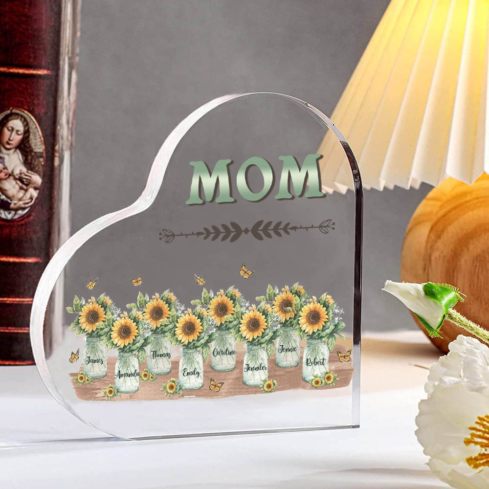 À ma Maman/Mamie - Plaque Acrylique en Forme de Cœur Fleurs 8 Prénoms Personnalisés avec 1 Texte