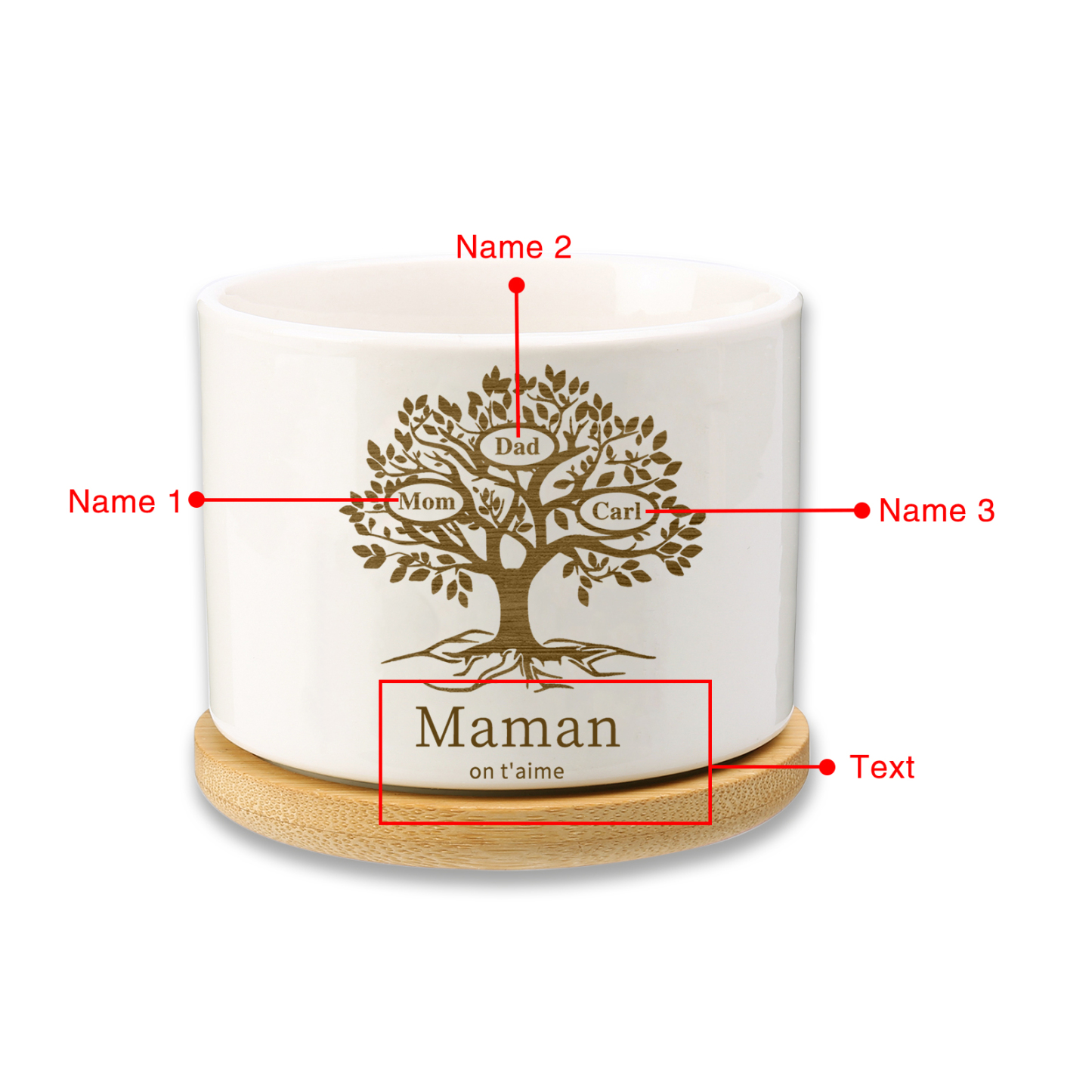 Vase/Pot de Fleurs Arbre de vie 3 Prénoms Personnalisés avec Texte Décoration de la Maison (sans plantes)