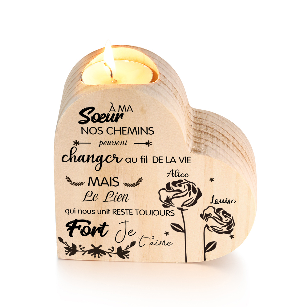 À Ma Sœur - Bougeoir en Bois 2 Prénoms Personnalisés sans bougie