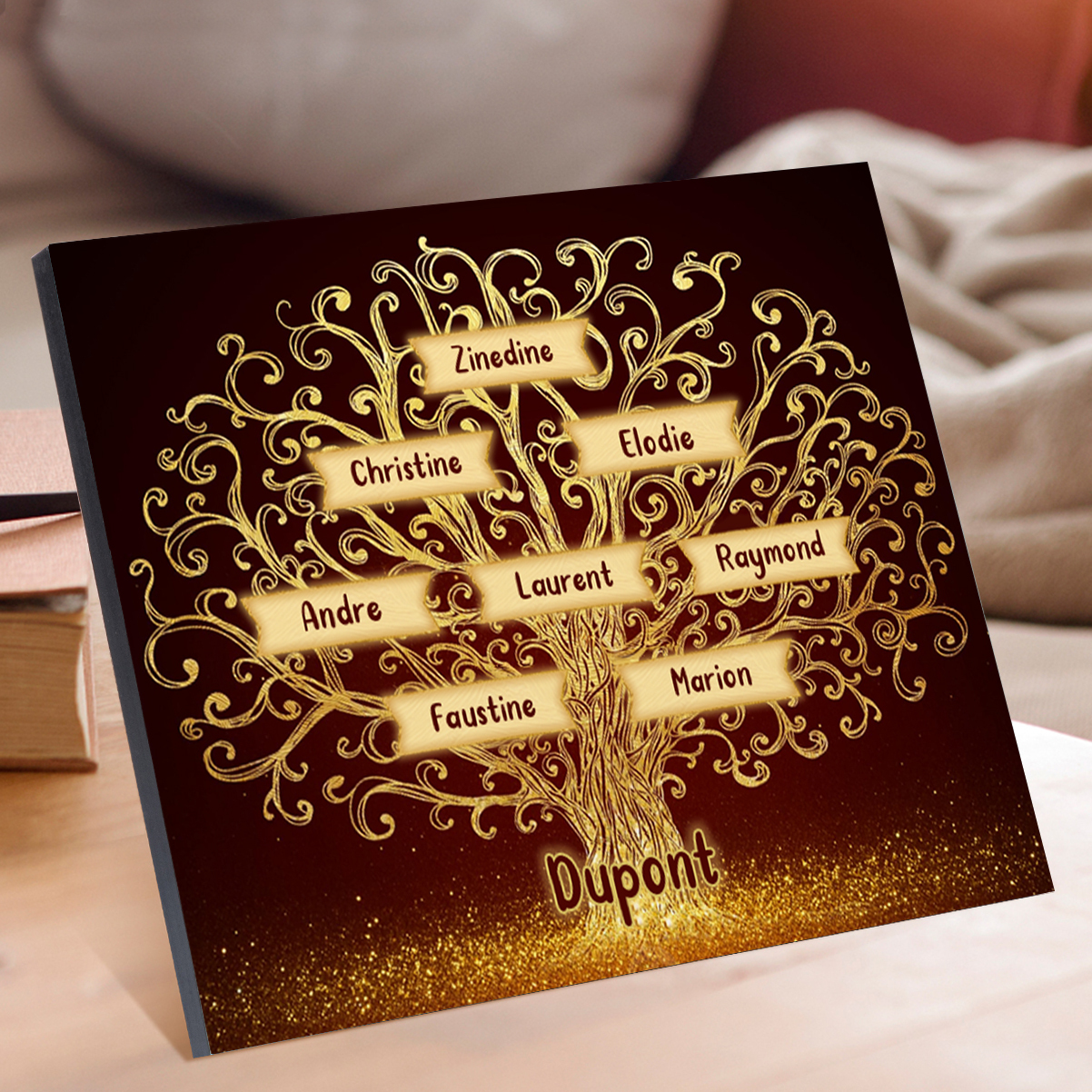 Cadre en Bois Arbre 8 Prénoms Personnalisés avec Texte Cadeau pour Famille