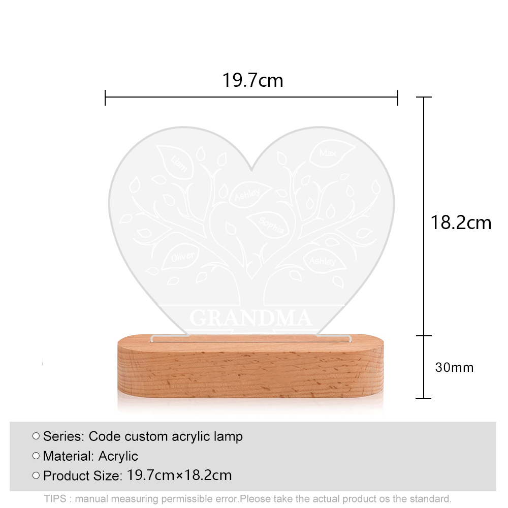 À Maman/Mamie - Lampe de chevet LED Arbre 6 Prénoms Personnalisés avec 1 Texte