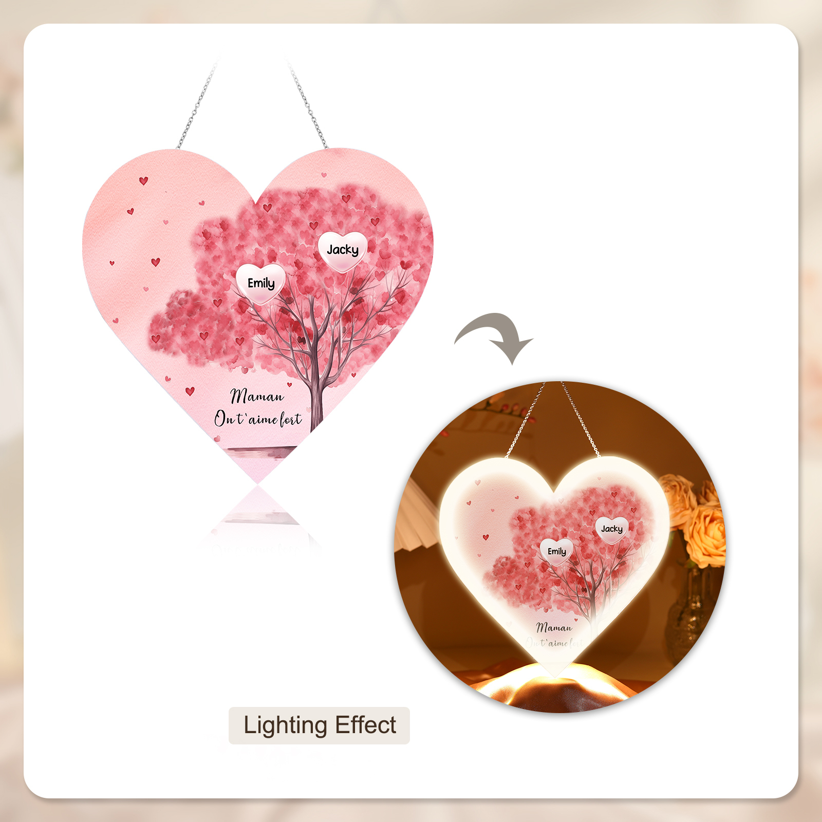 À Maman/Mamie - Veilleuse Cœur Arbre Décoration 2 Prénoms Personnalisés avec 1 Texte