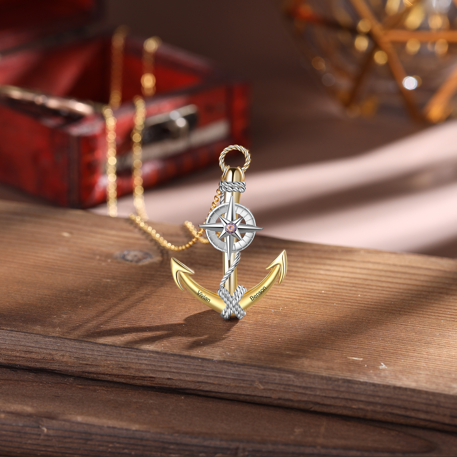 Collier d'ancre marine nautique Pirate ancre pendentif 2 Prénom Personnalisés avec pierre de naissance