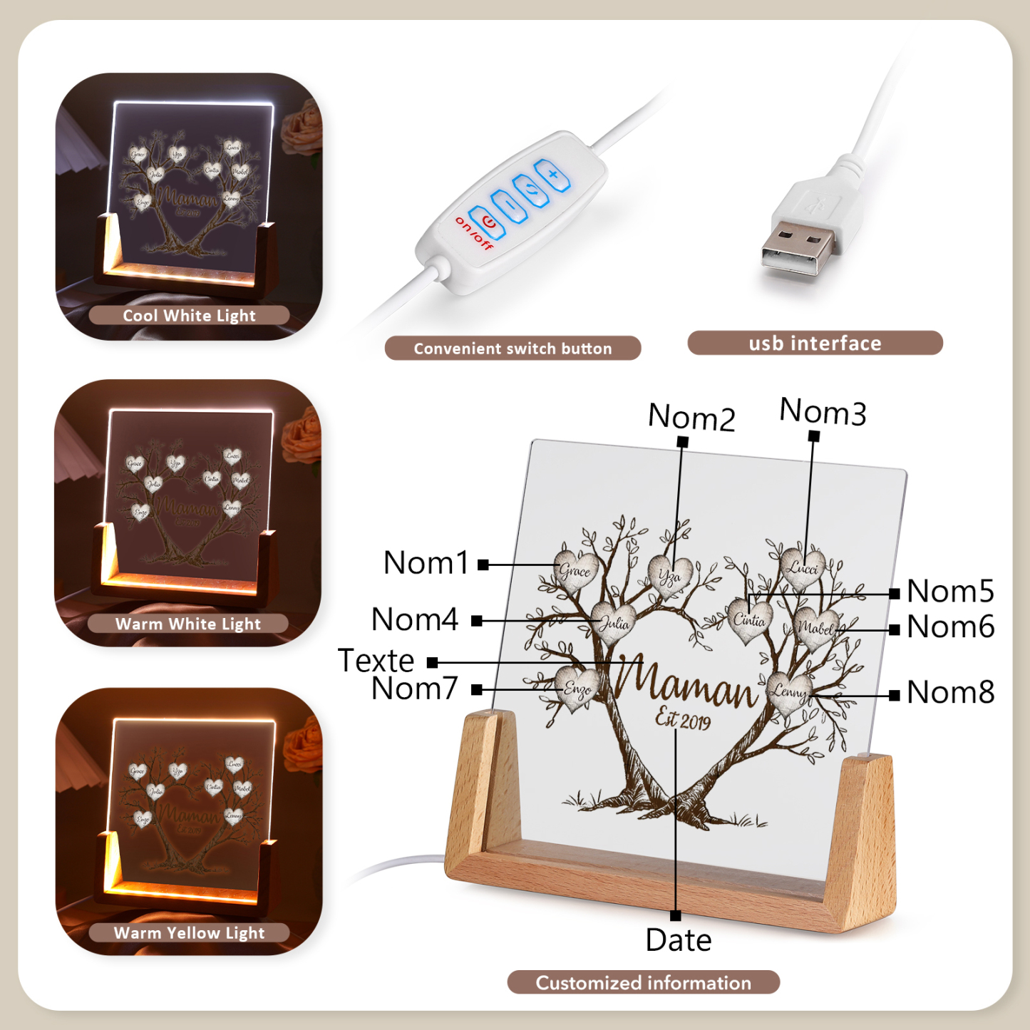 À Maman/Mamie - Lampe de chevet LED Arbre de Vie 8 Prénoms Personnalisés avec Texte et Date pour Famille