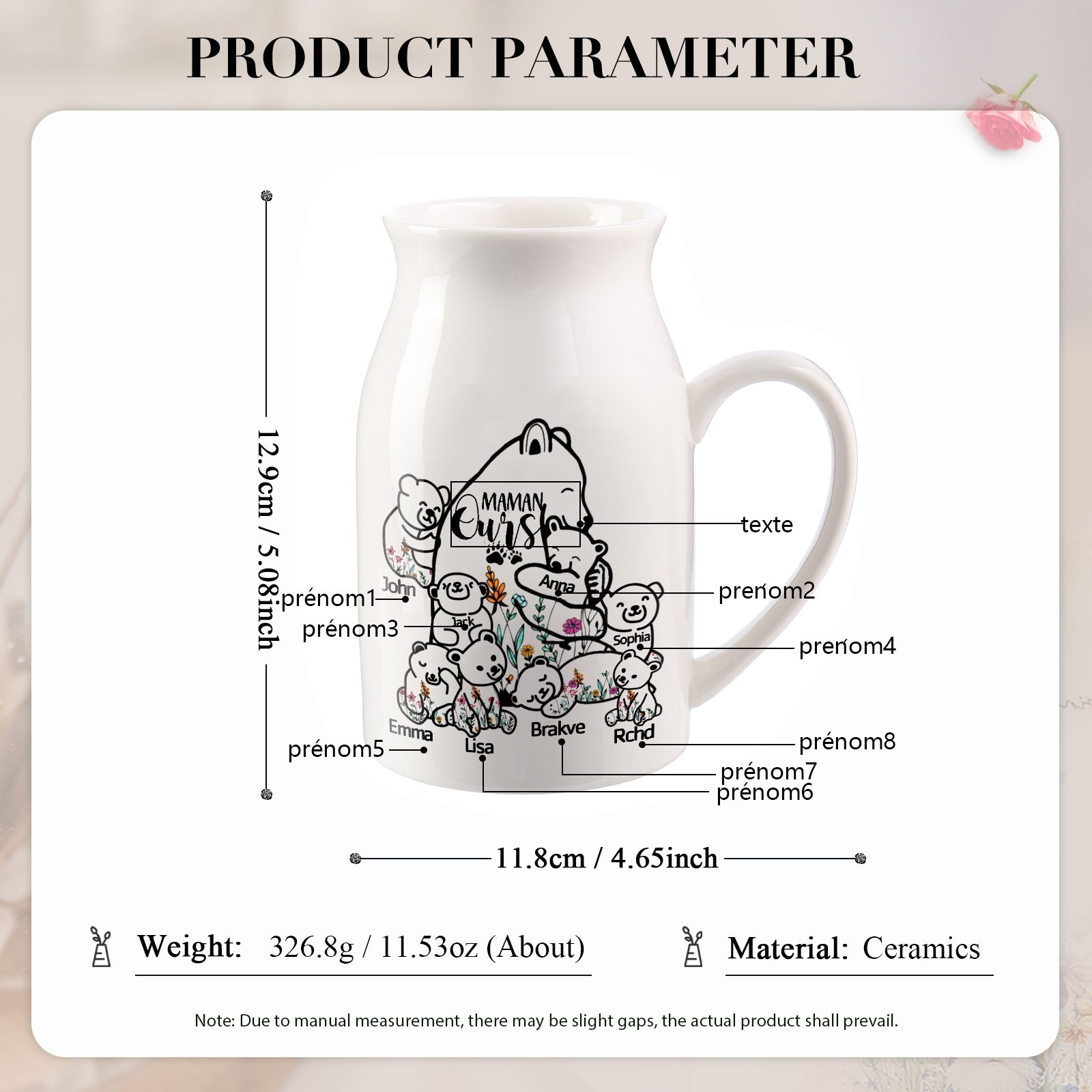 Vase à Fleurs Ours 8 Prénoms Personnalisés avec Texte Décoration de la Maison