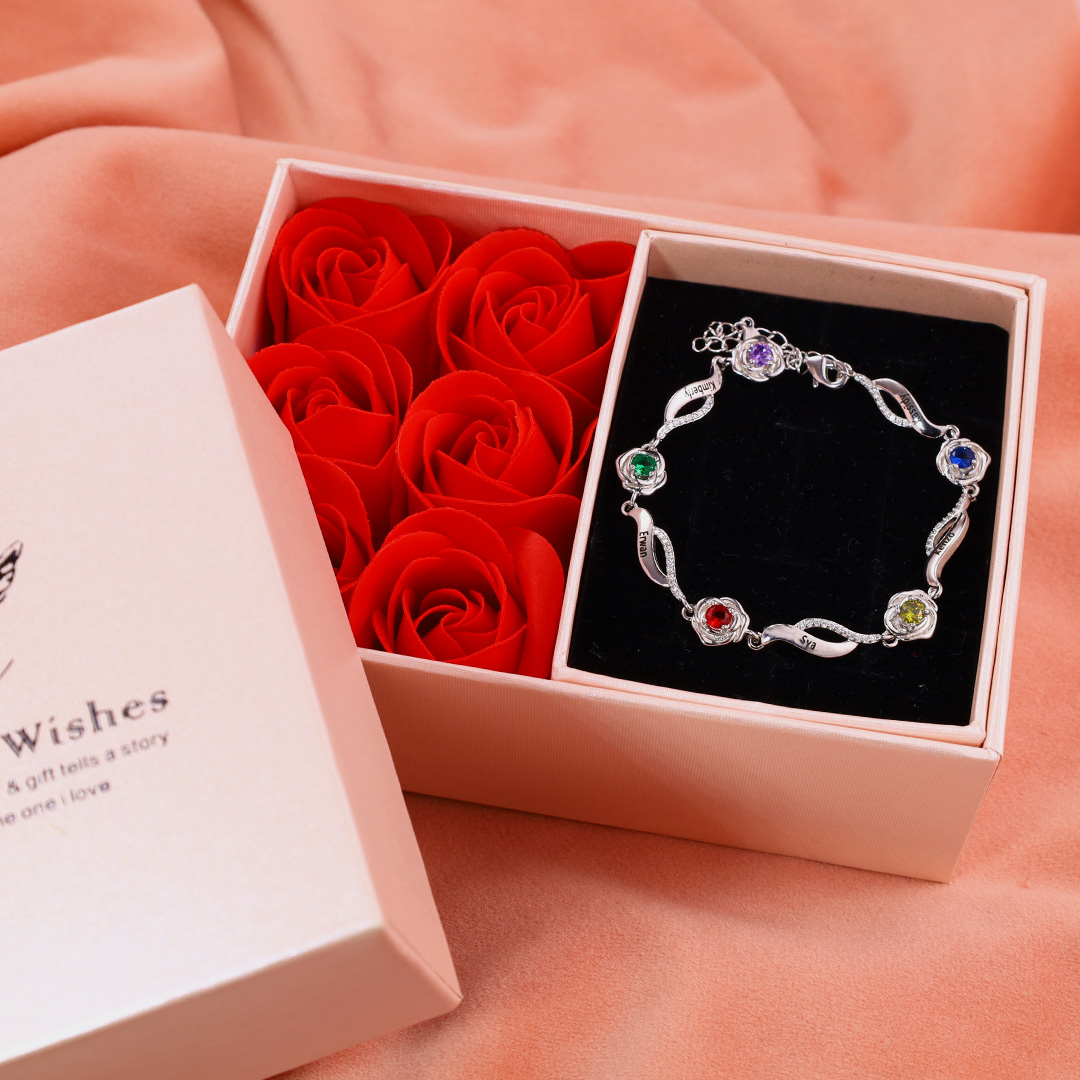Bracelet Roses 5 Prénom Personnalisé avec 5 Pierre de Naissance