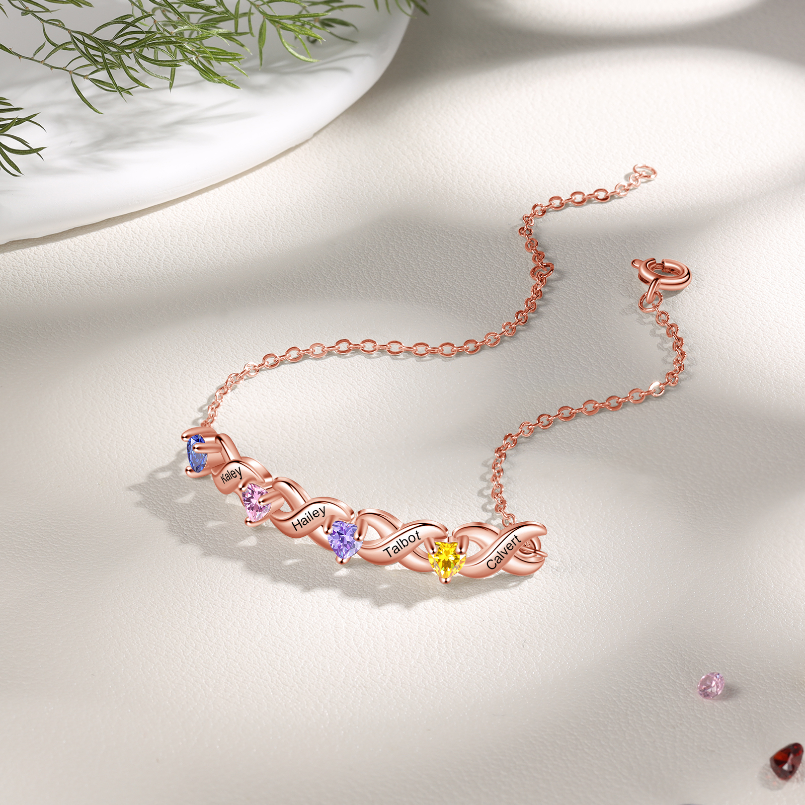 Bracelet à Breloque 4 Prénoms Personnalisé avec 4 Pierres de Naissance