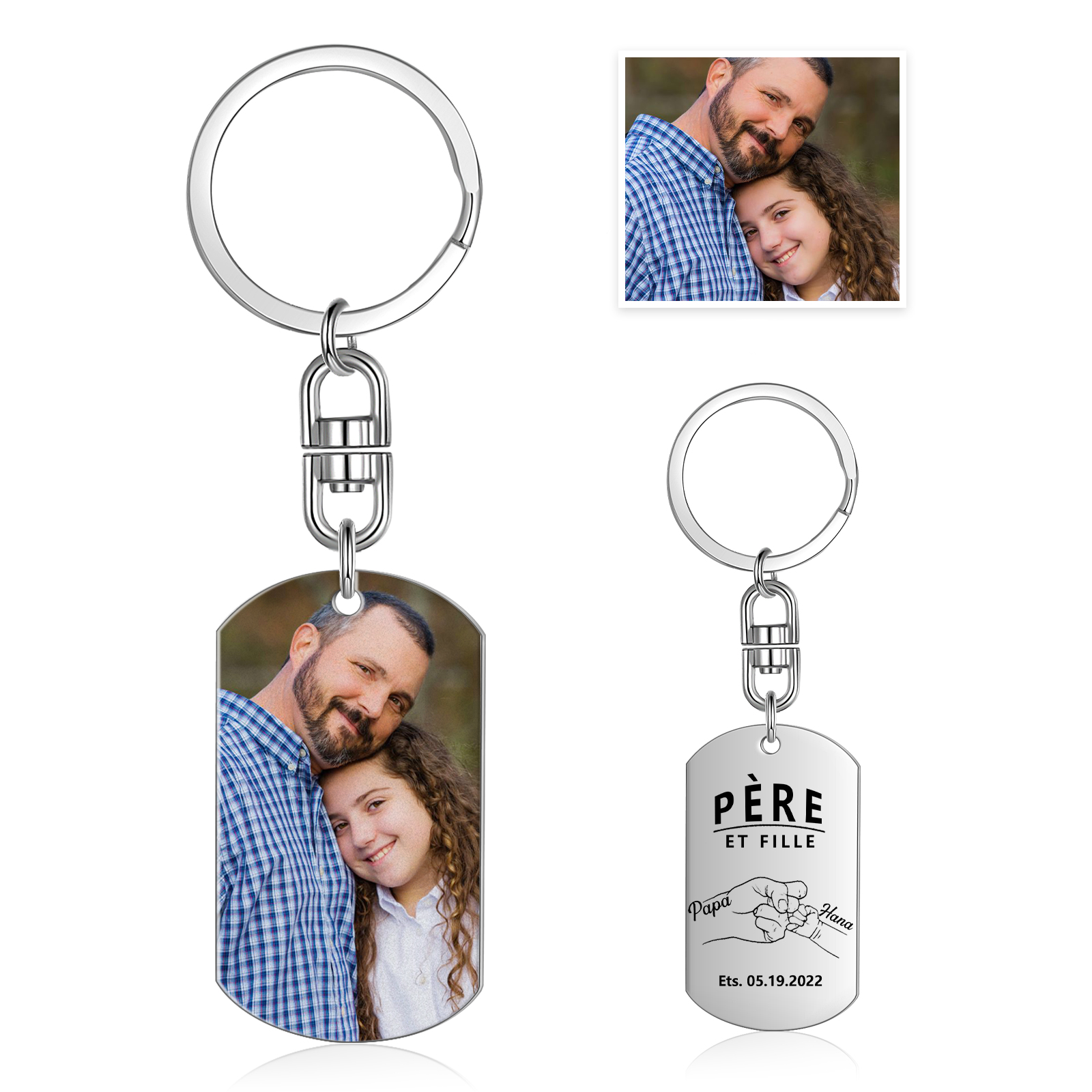 À Papa - Porte-clés gravé Poings 2 Prénoms Personnalisés avec Photo et Date | Jessemade