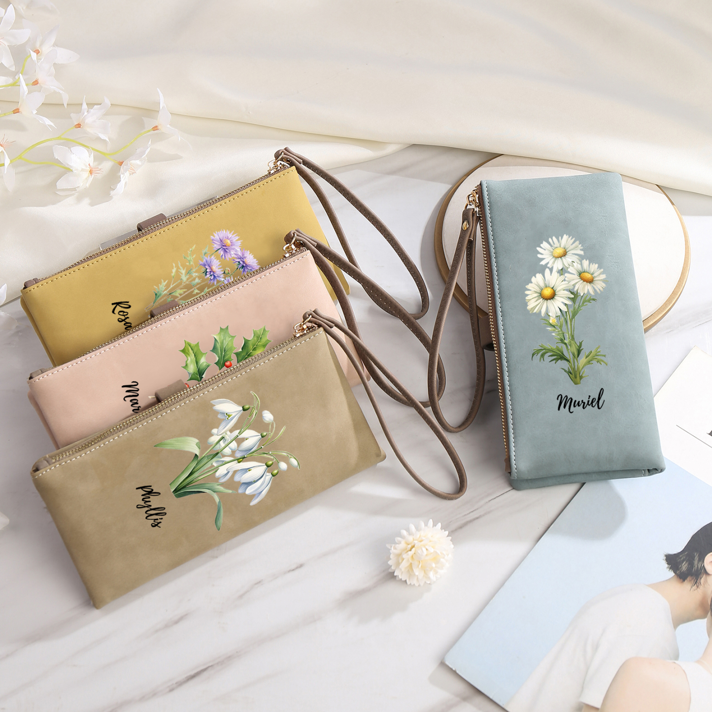 Portefeuille Femmes 1 Prénom Personnalisé avec Fleur de Naissance Porte-Monnaie Carte