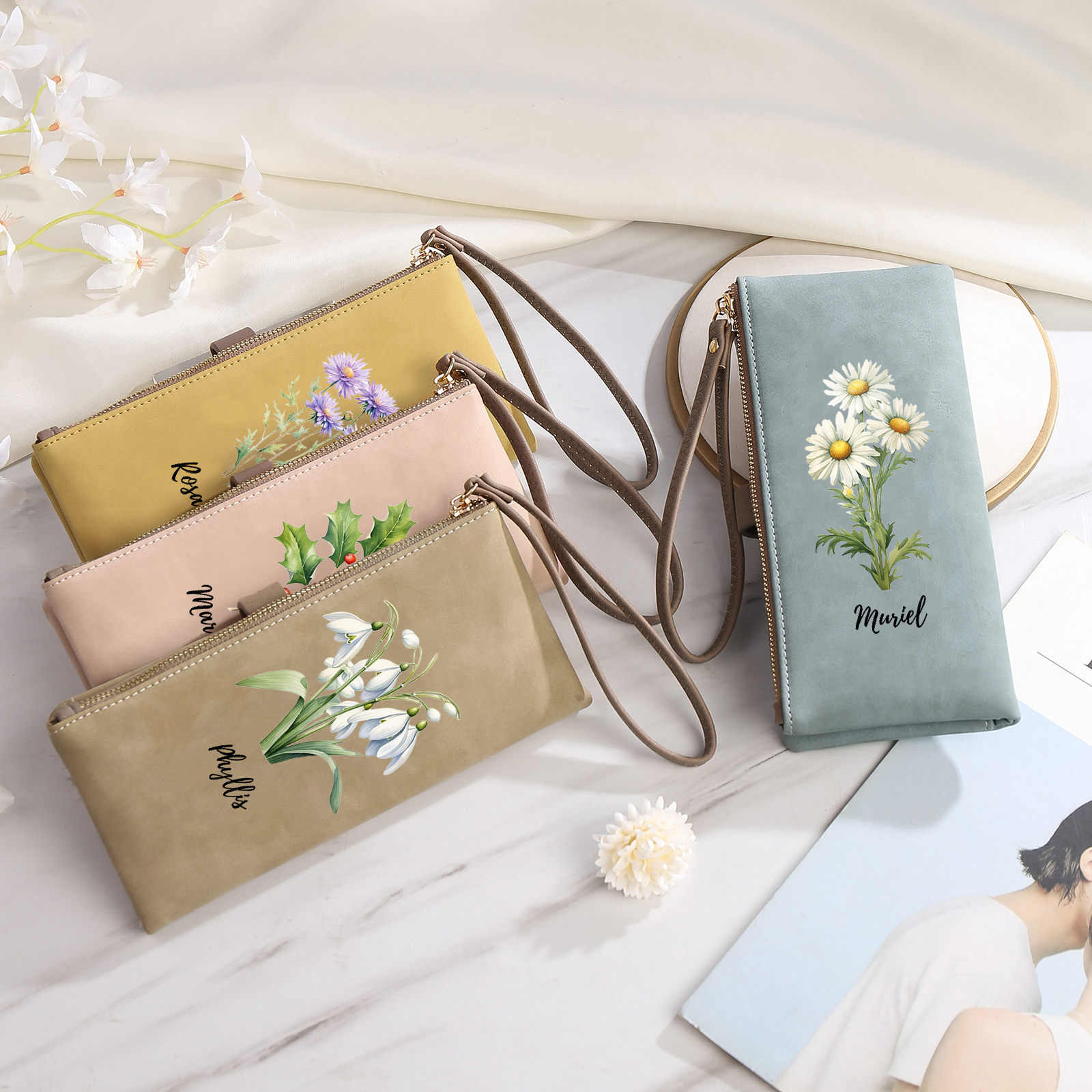 Portefeuille Femmes 1 Prénom Personnalisé avec Fleur de Naissance Porte-Monnaie Carte