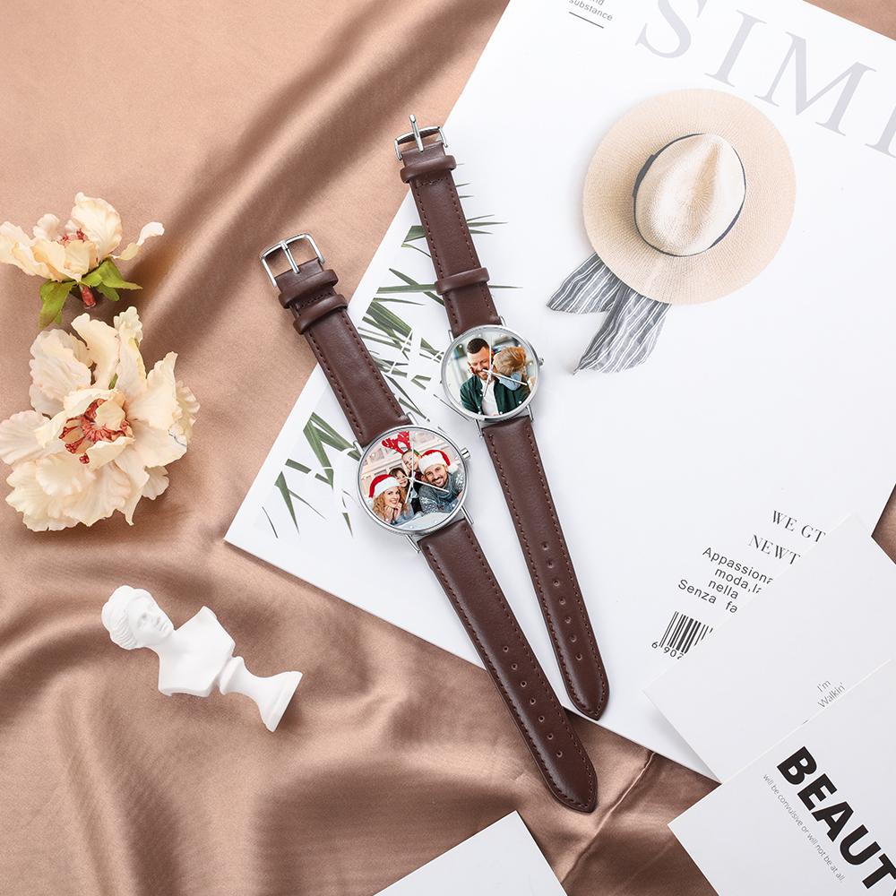 Montre Personnalisée Photo avec Gravure du prénom ou Message Bracelet en Cuir pour Homme