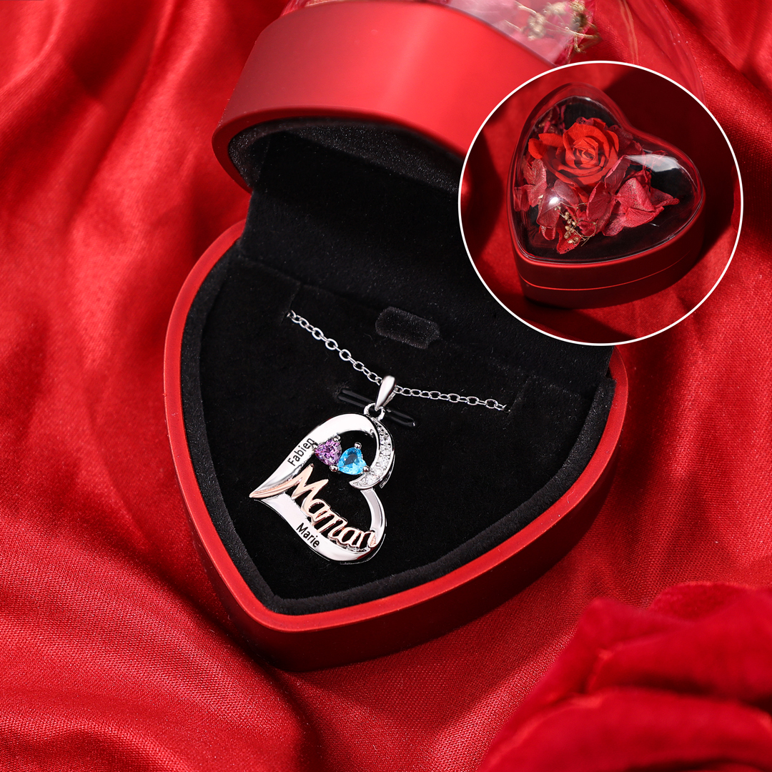 Collier Maman Personnalisé Cœur avec 1-5 Prénoms et Pierres de Naissance avec Coffret Rouge