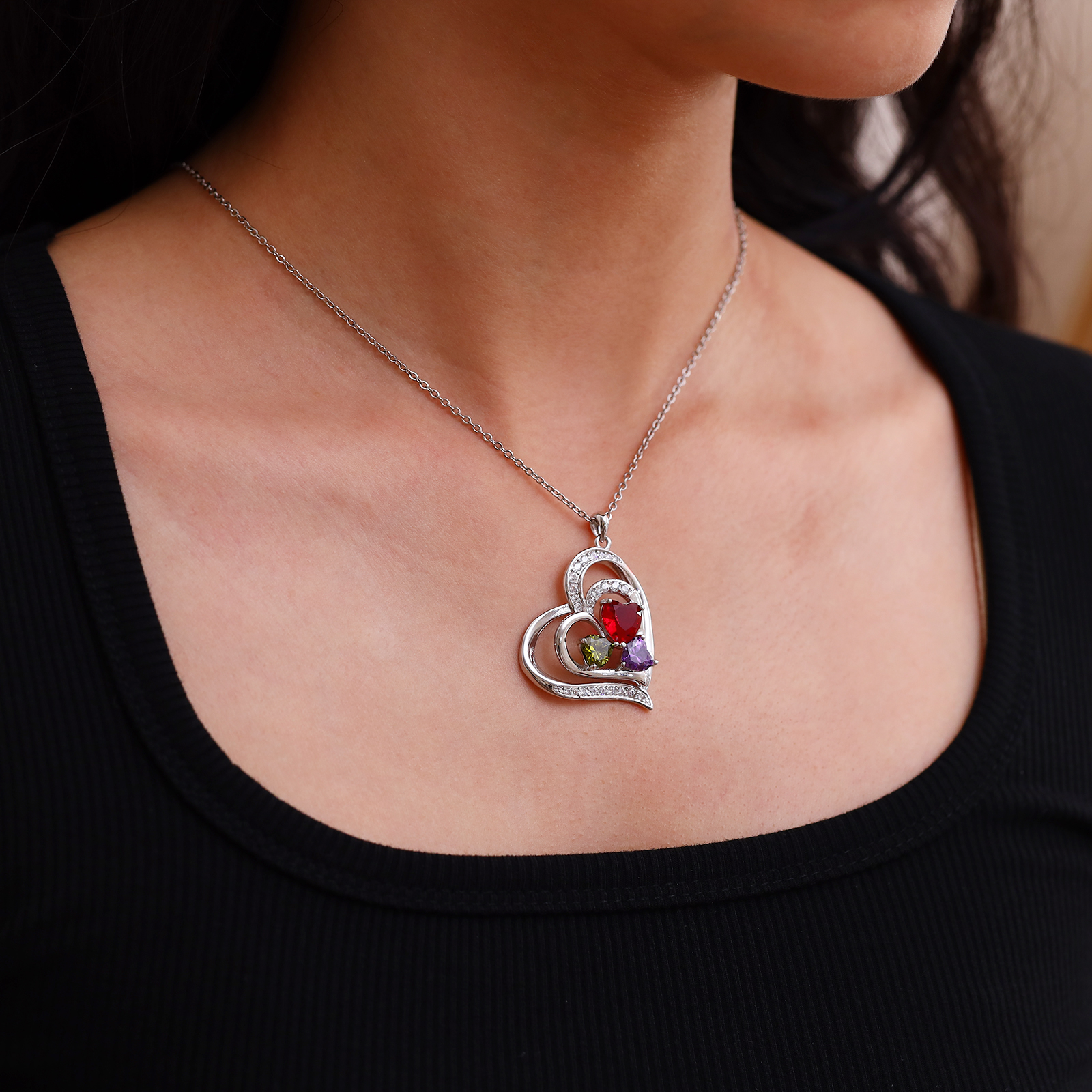 Collier Pendentif Cœur 3 Prénoms Personnalisés avec 3 Pierres de Naissance Collier Femmes