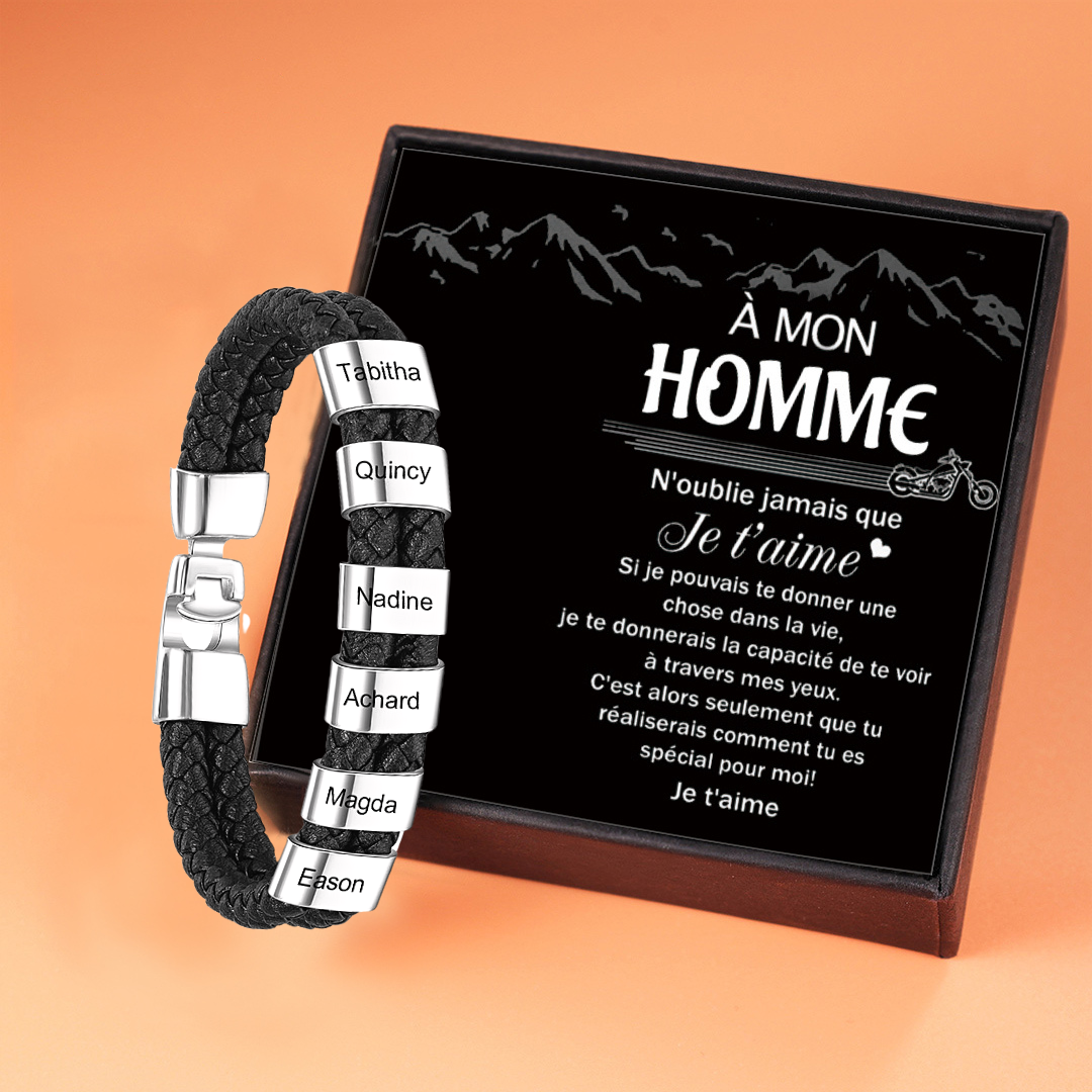 Bracelet Cuir tressé 6 Perles Prénom Personnalisé Bracelet Homme