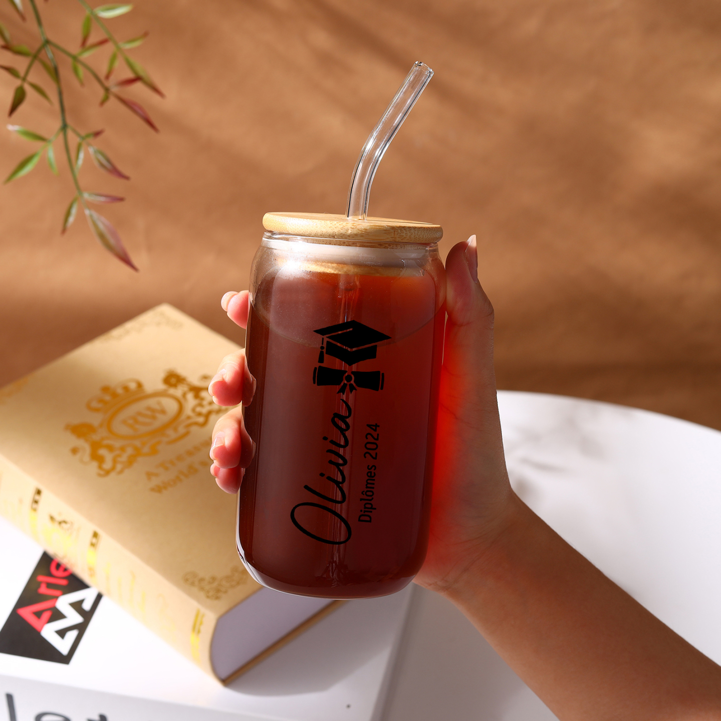 Tasse en Verre avec Paille Prénom et Texte Personnalisés Cadeau de remise des Diplômes