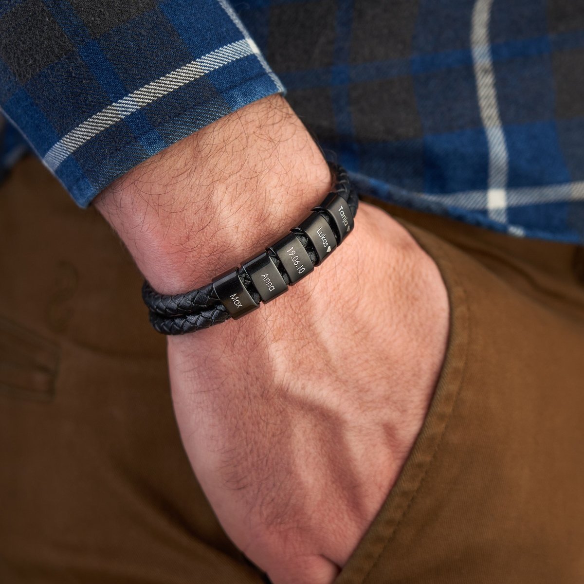 Bracelet Cuir tressé 2 Perles Prénom Personnalisé Bracelet Homme