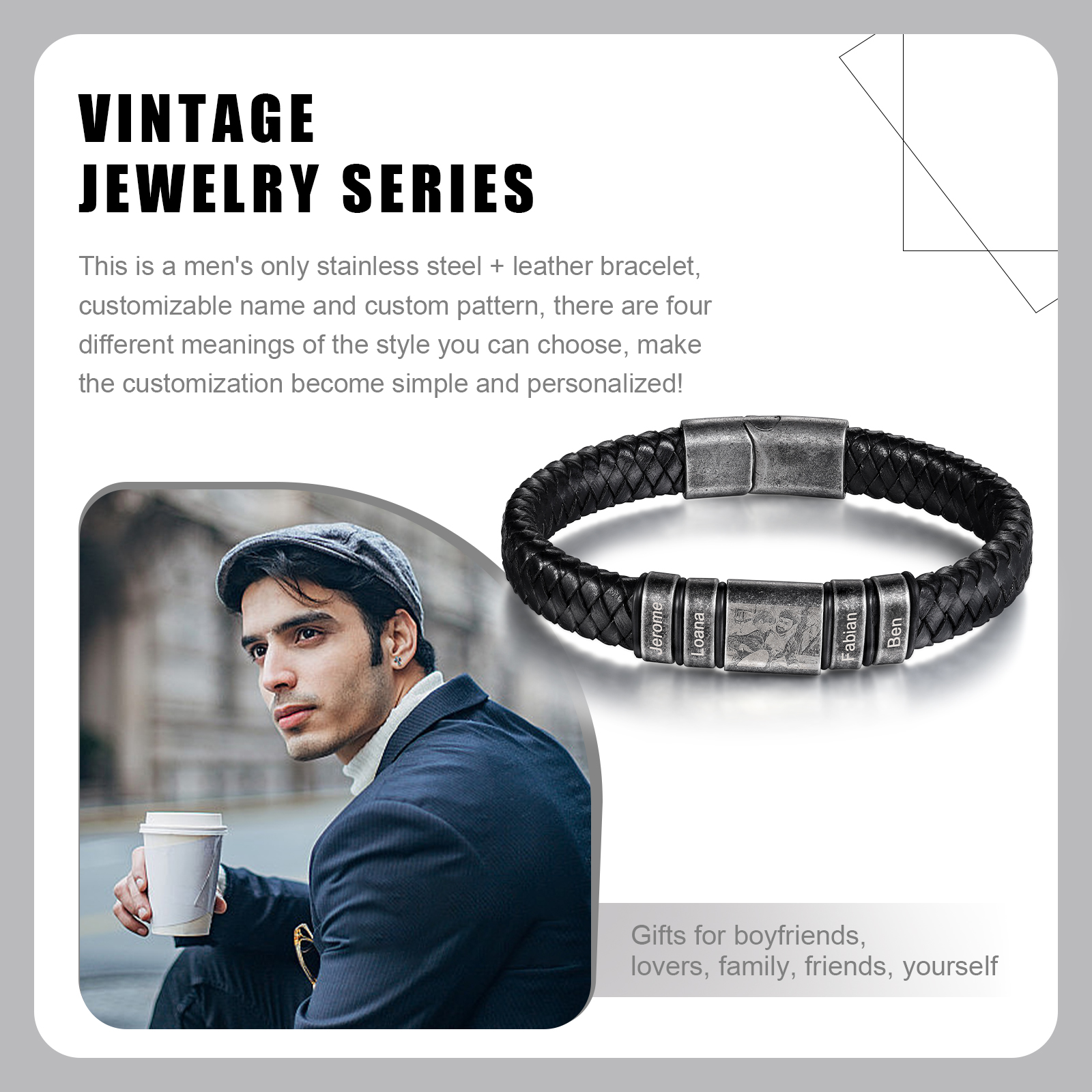 Bracelet Photo Personnalisé avec 4 Prénoms gravés pour Homme｜Jessemade