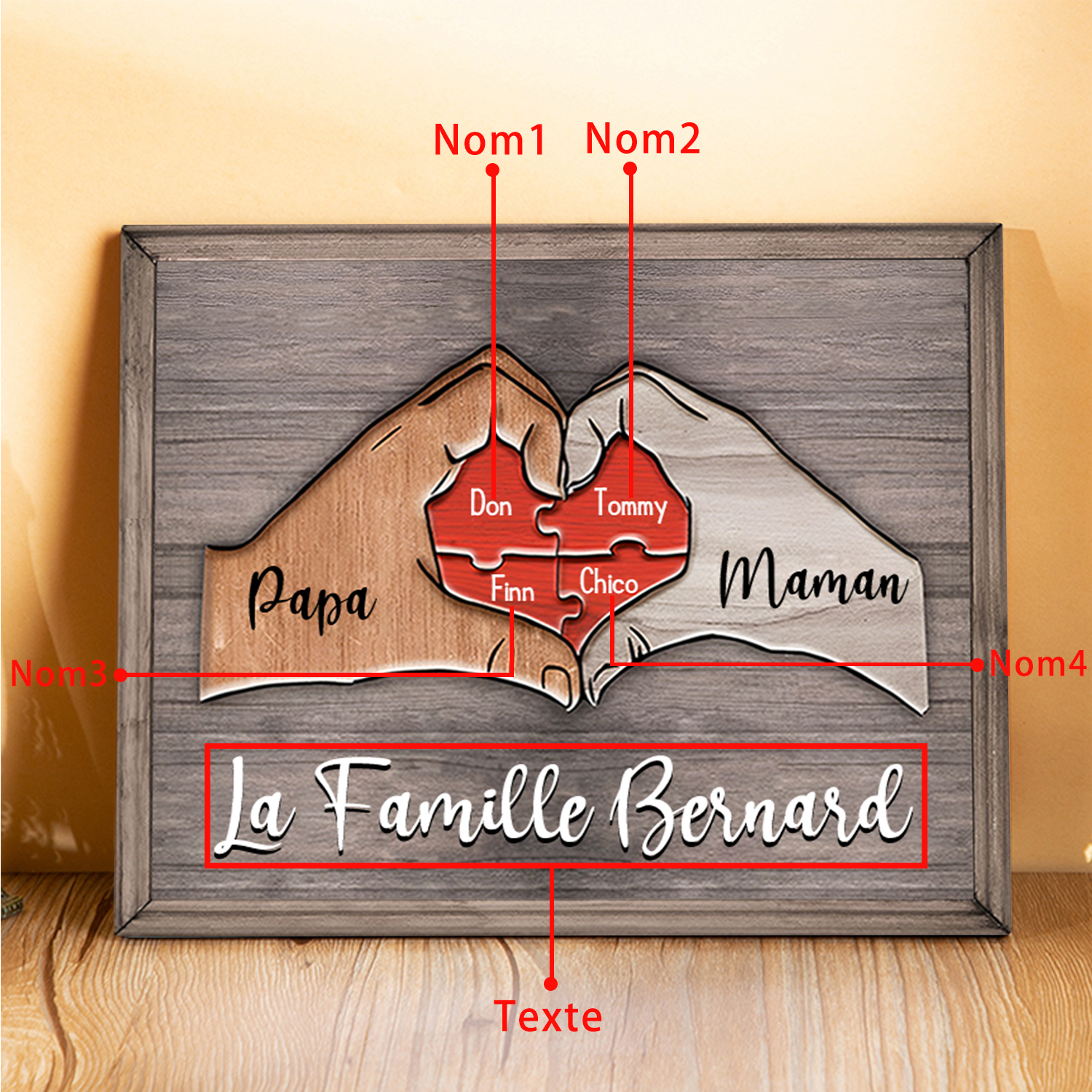 À ma Famille-Cadre en Bois Puzzle 4 Prénoms Personnalisés avec Texte