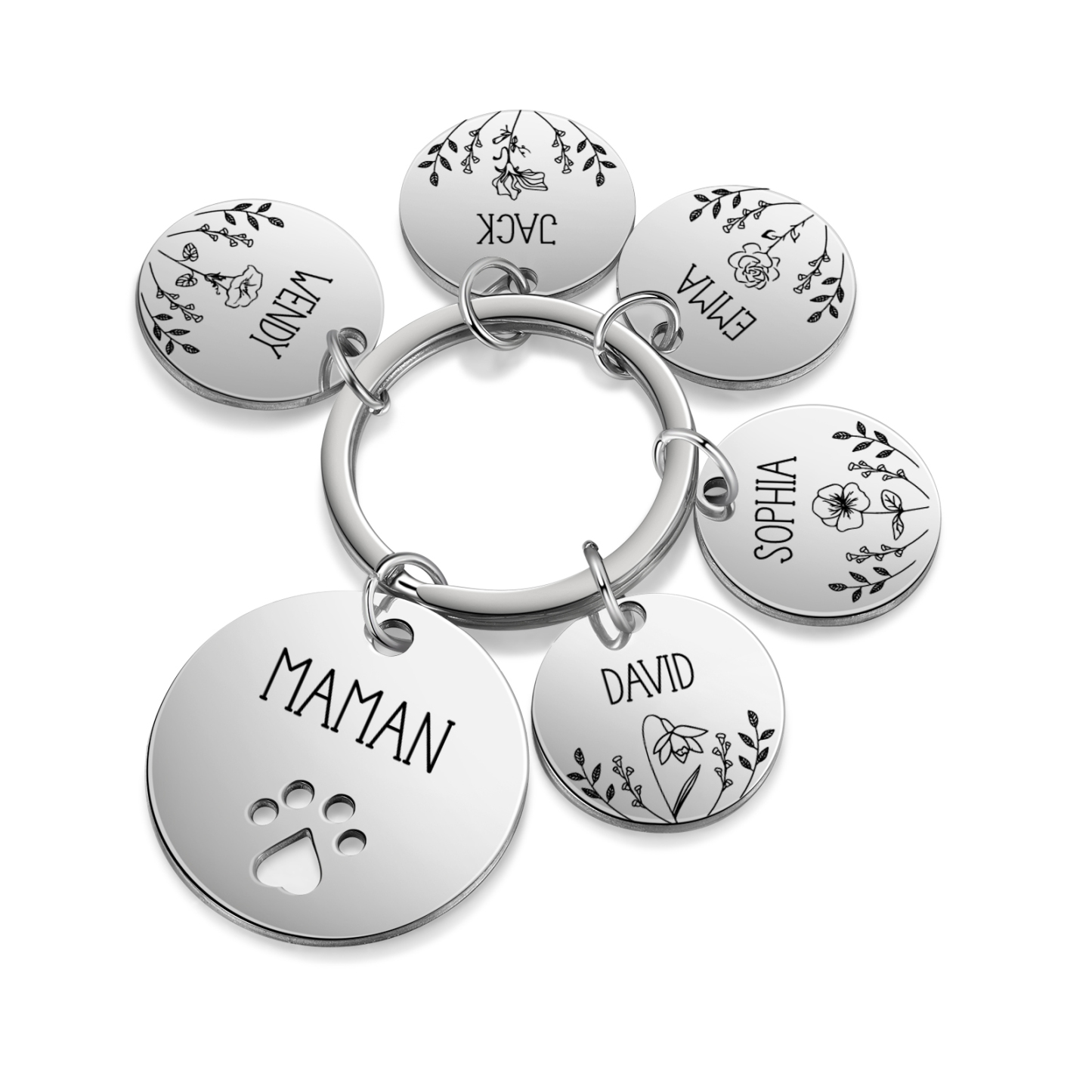 Porte-Clés patte 5 Prénoms et 1 Texte Personnalisés avec Fleur de Naissance