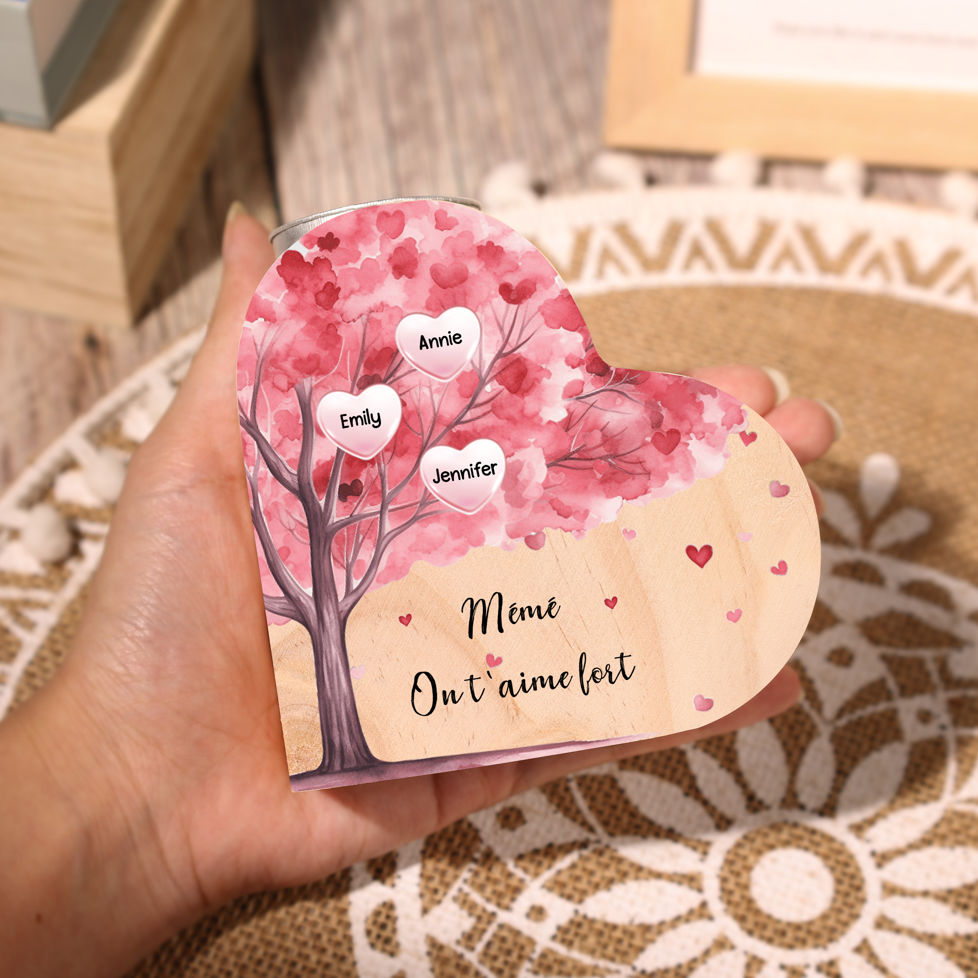 À Ma Maman/Mamie - Bougeoir en Bois Arbre 3 Prénoms et 1 Texte Personnalisés pour Famille sans bougie