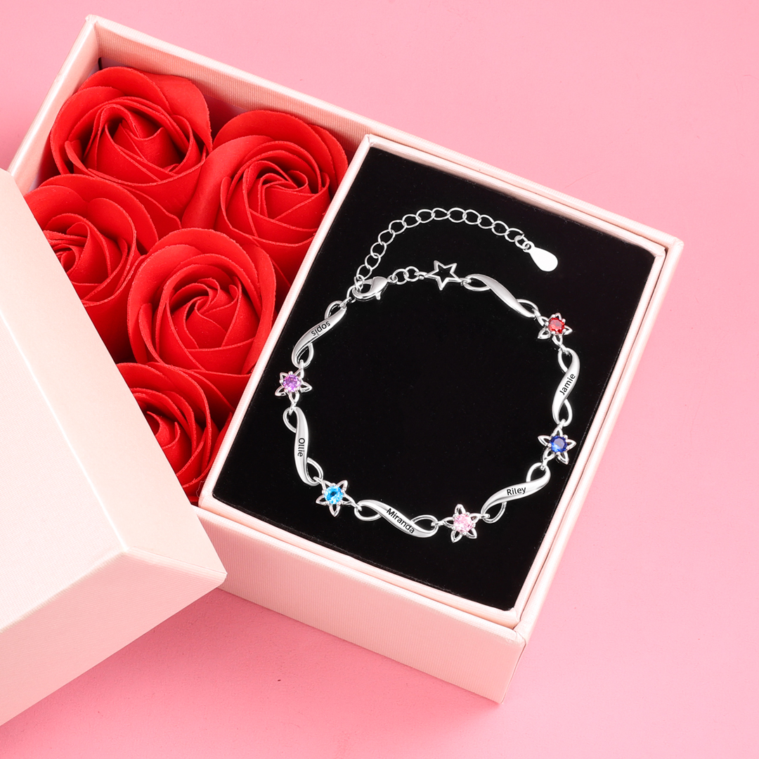 Bracelet infini à Breloque 5 Prénom Personnalisé avec 5 Pierre de Naissance