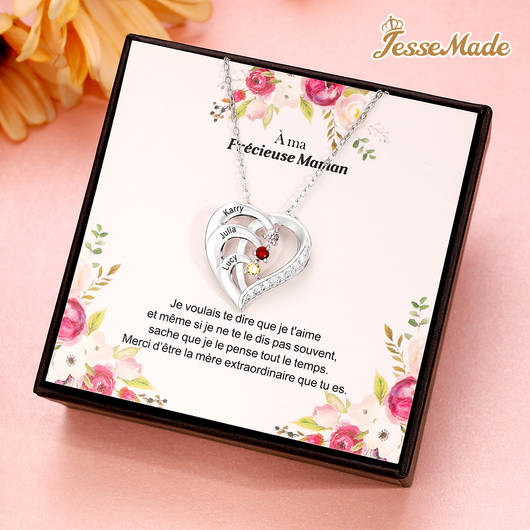 Collier Prénom Personnalis cœur en Argent 925 3 Prénoms 3 pierre de naissance