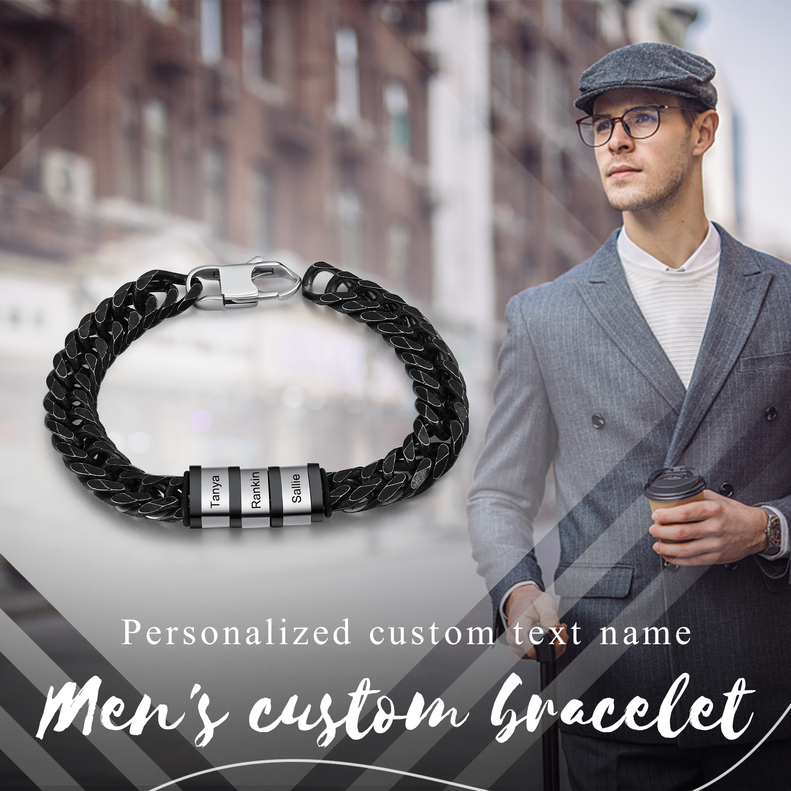 Bracelet Gourmette en acier inoxydable 3 Prénom Personnalisé Bracelet Homme | Cadeau Fête des Pères | Jessemade