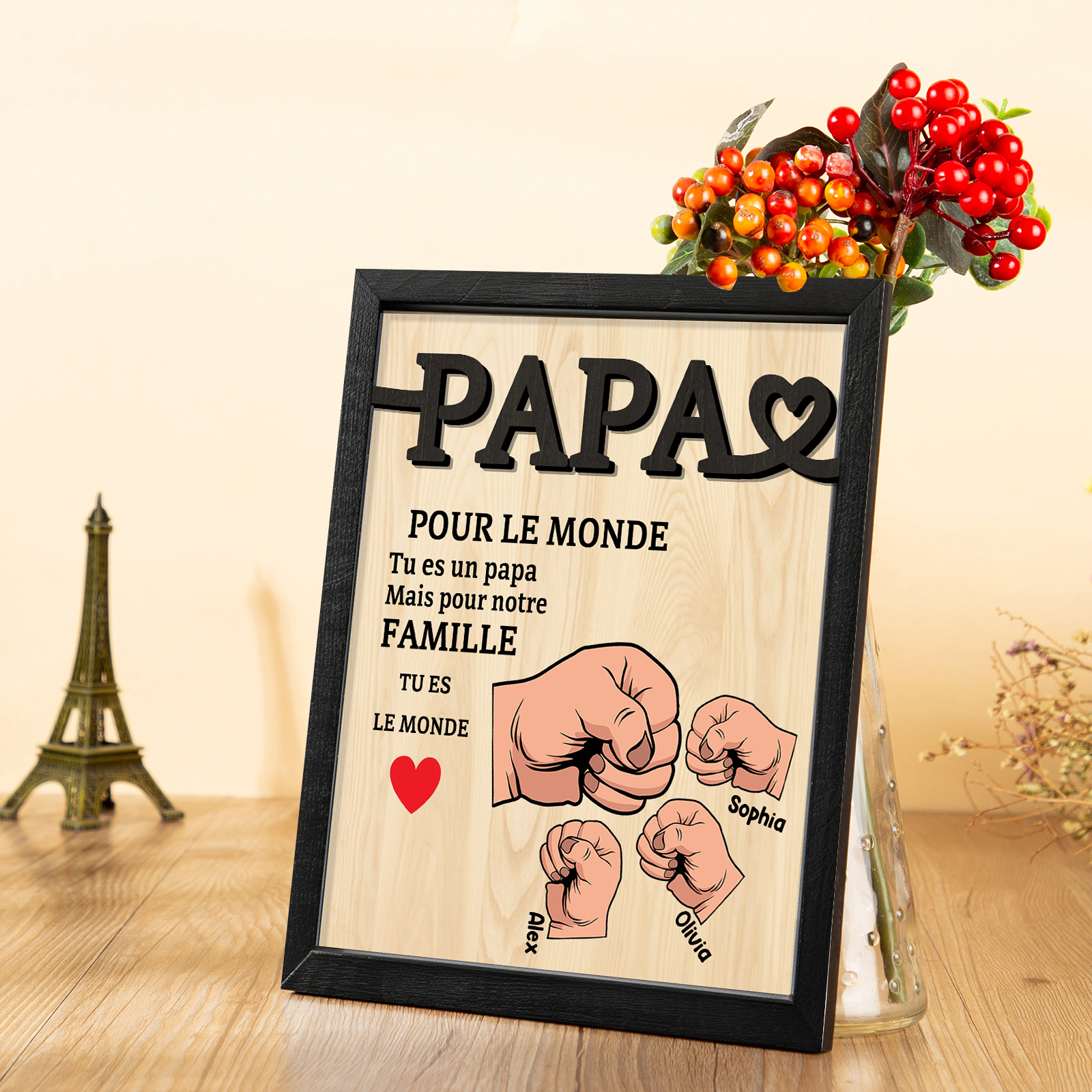 À Mon Papa-Cadre en Bois Poings 3 Prénoms Personnalisés