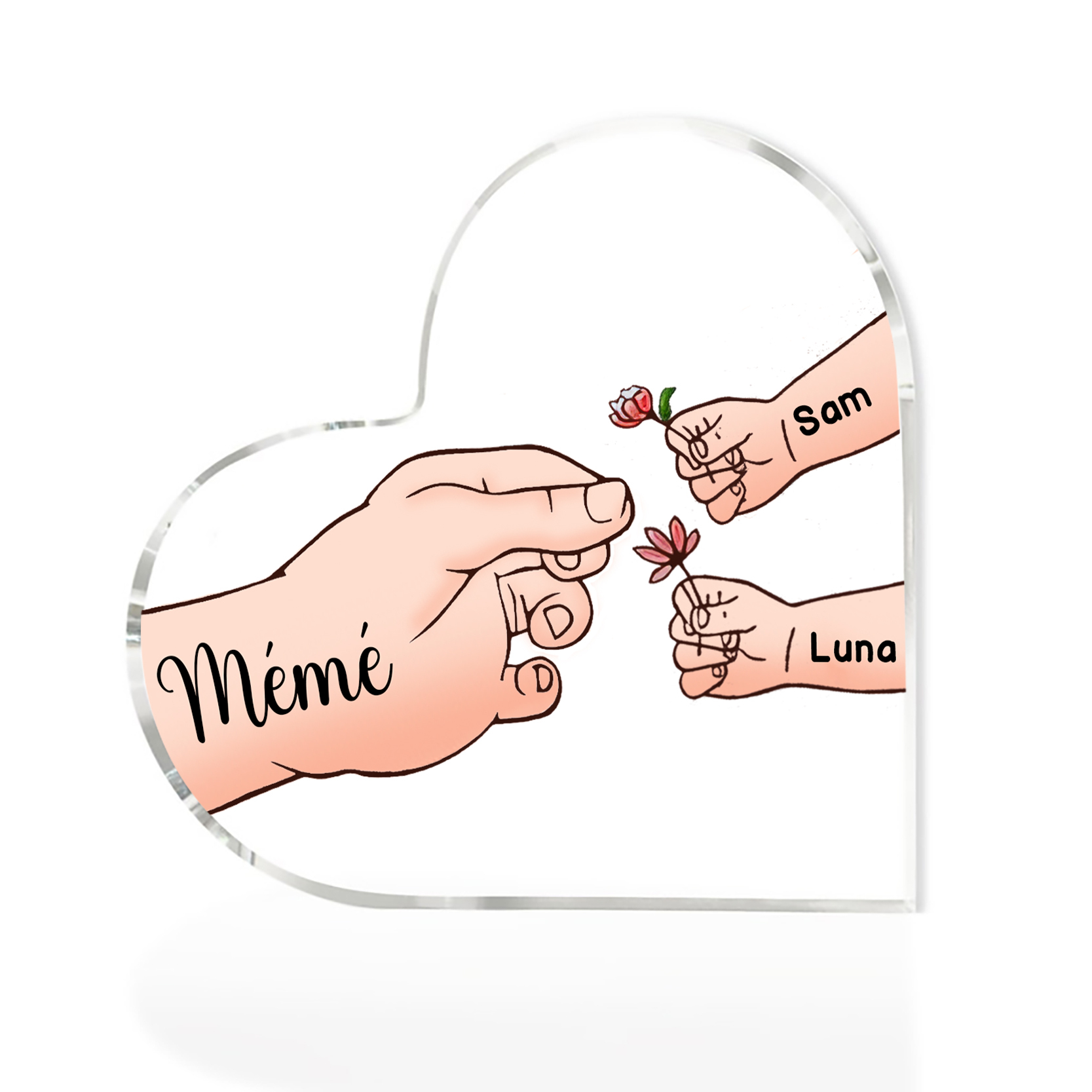 À ma Maman/Mamie - Plaque Acrylique Mains et Enfants en Forme de Cœur 3 Prénoms Personnalisés