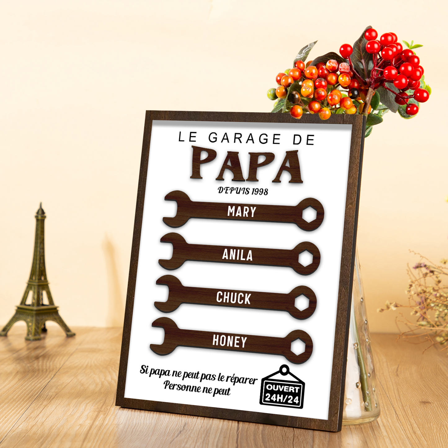 À Mon Papa-Cadre en Bois Garage 4 Prénoms Personnalisés