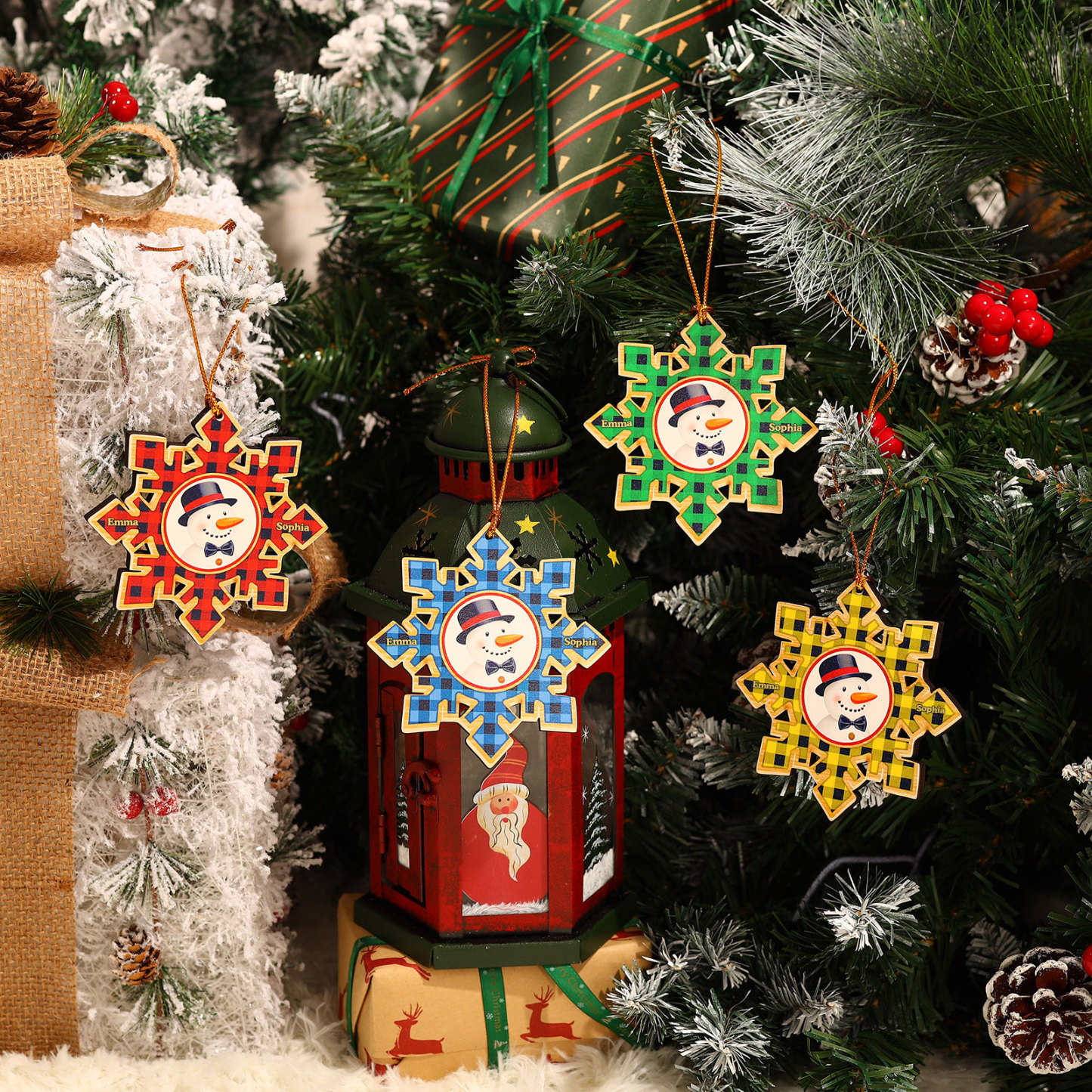 2-6 Noms Décoration Sapin Noël Personnalisés Décoration Flocon en Bois en couleur Vert | Jessemade