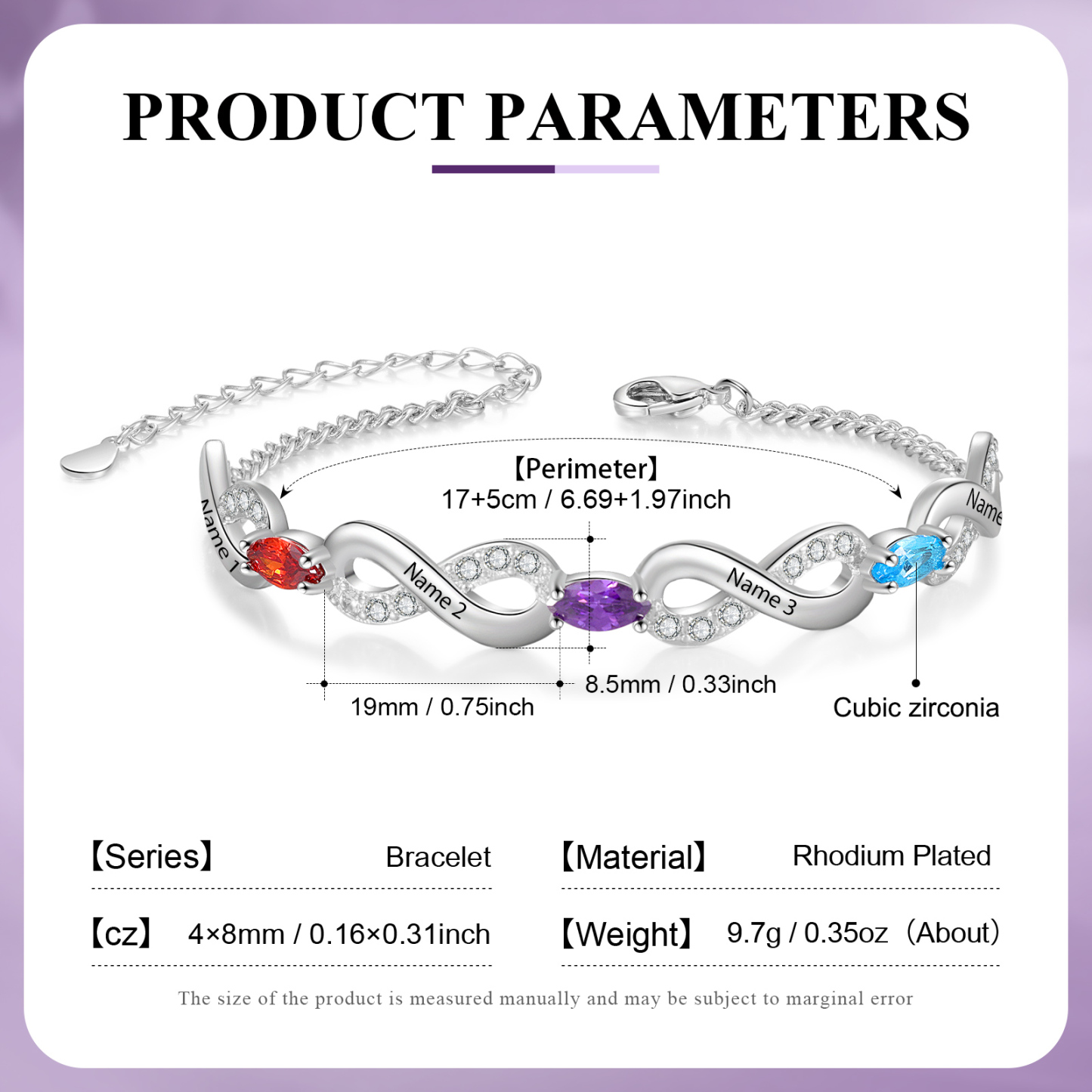 Bracelet Infini 4 Prénoms Personnalisés avec 3 Pierres de Naissance pour Femme