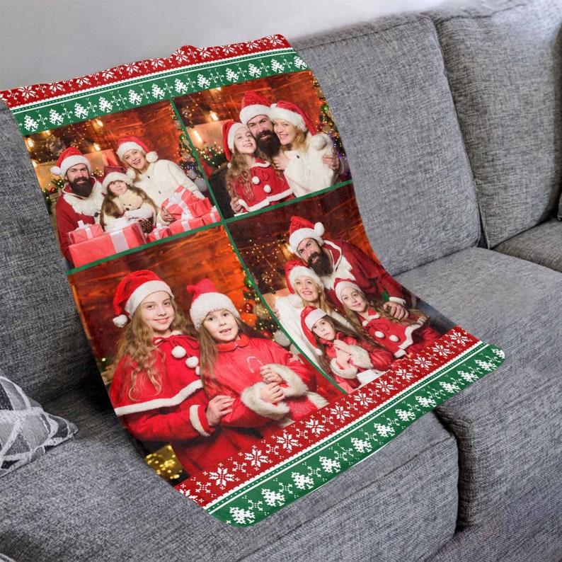 Plaid Personnalisé Couverture Flanelle 4 Photo Personnalisées Cadeau de Noël 