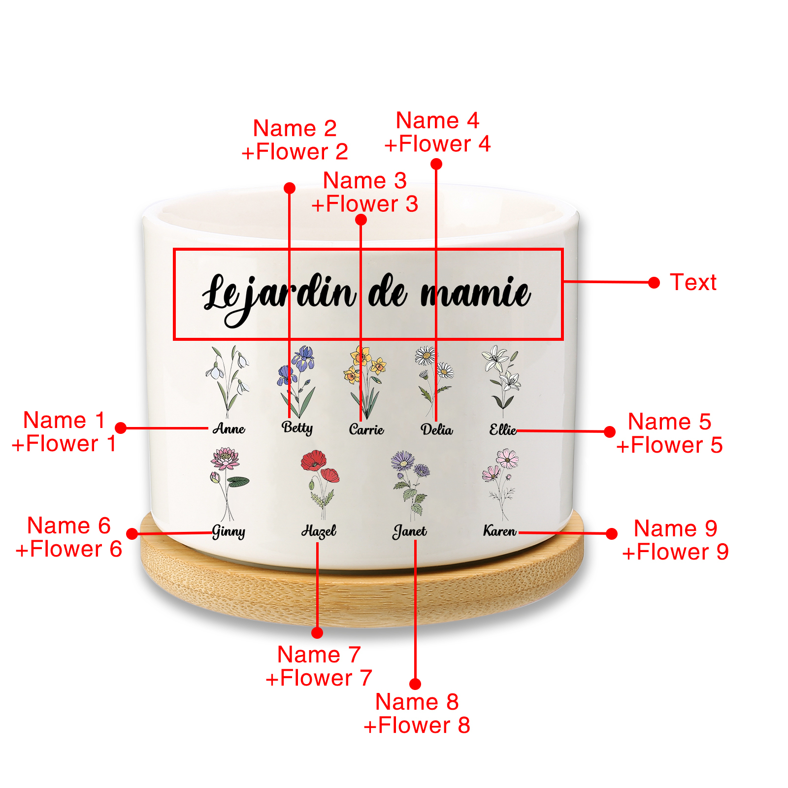 Vase/Pot de Fleurs 9 Prénoms et 1 Texte Personnalisés avec Fleurs de Naissance Décoration de la Maison (sans plantes)