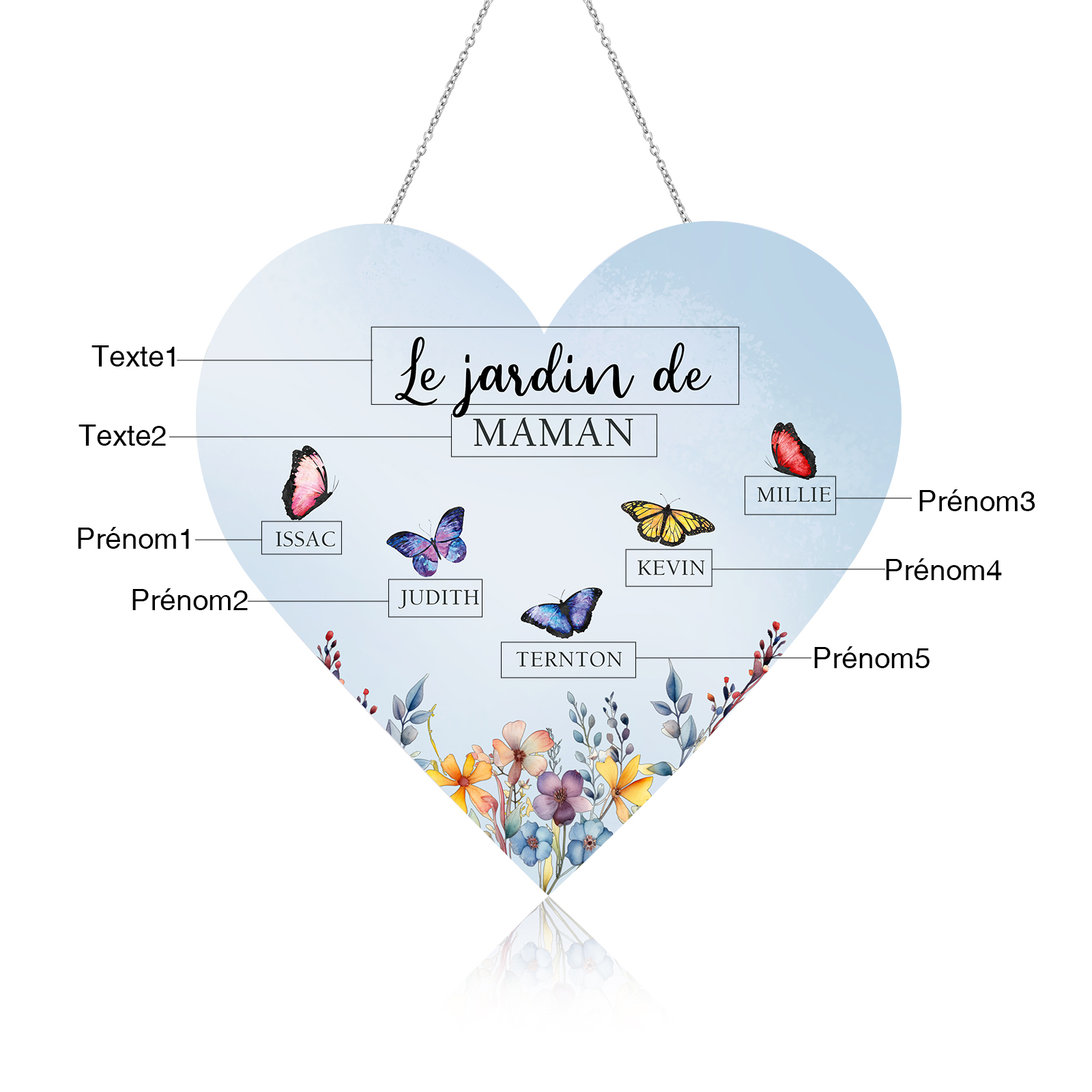À Maman/Mamie - Veilleuse Cœur Décoration Fleur et Papillon 5 Prénoms Personnalisés avec 1 Texte