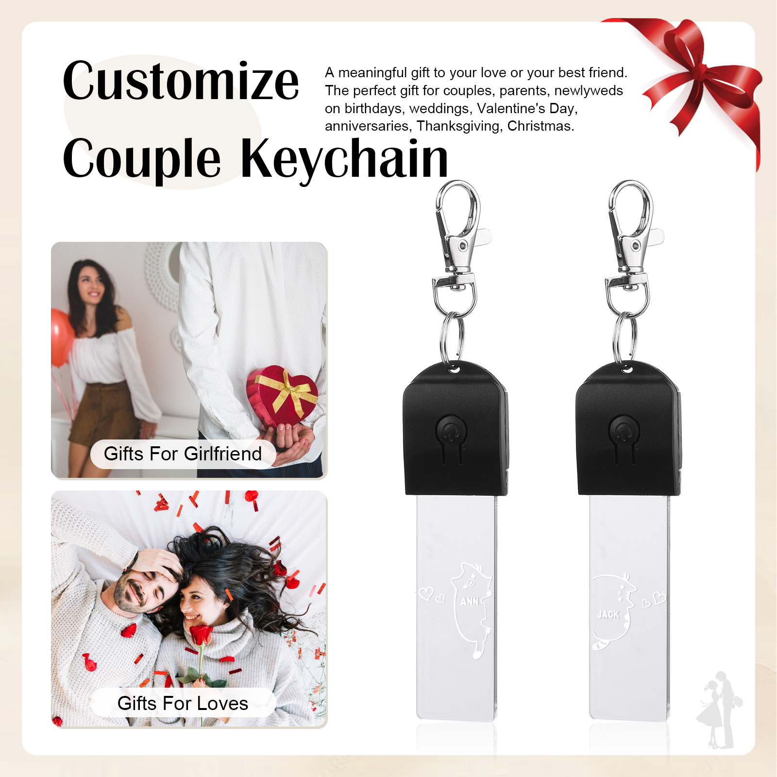 2PCS Porte-Clés 2 Prénoms Personnalisés pour Couple Porte-Clés lumières colorées