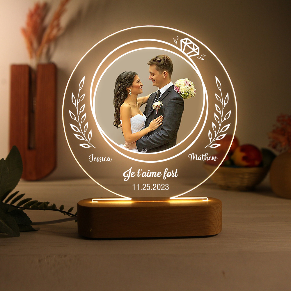 Lampe de chevet Couple LED Lumières 2 Prénoms et 1 Photo Personnalisés avec Date et Texte