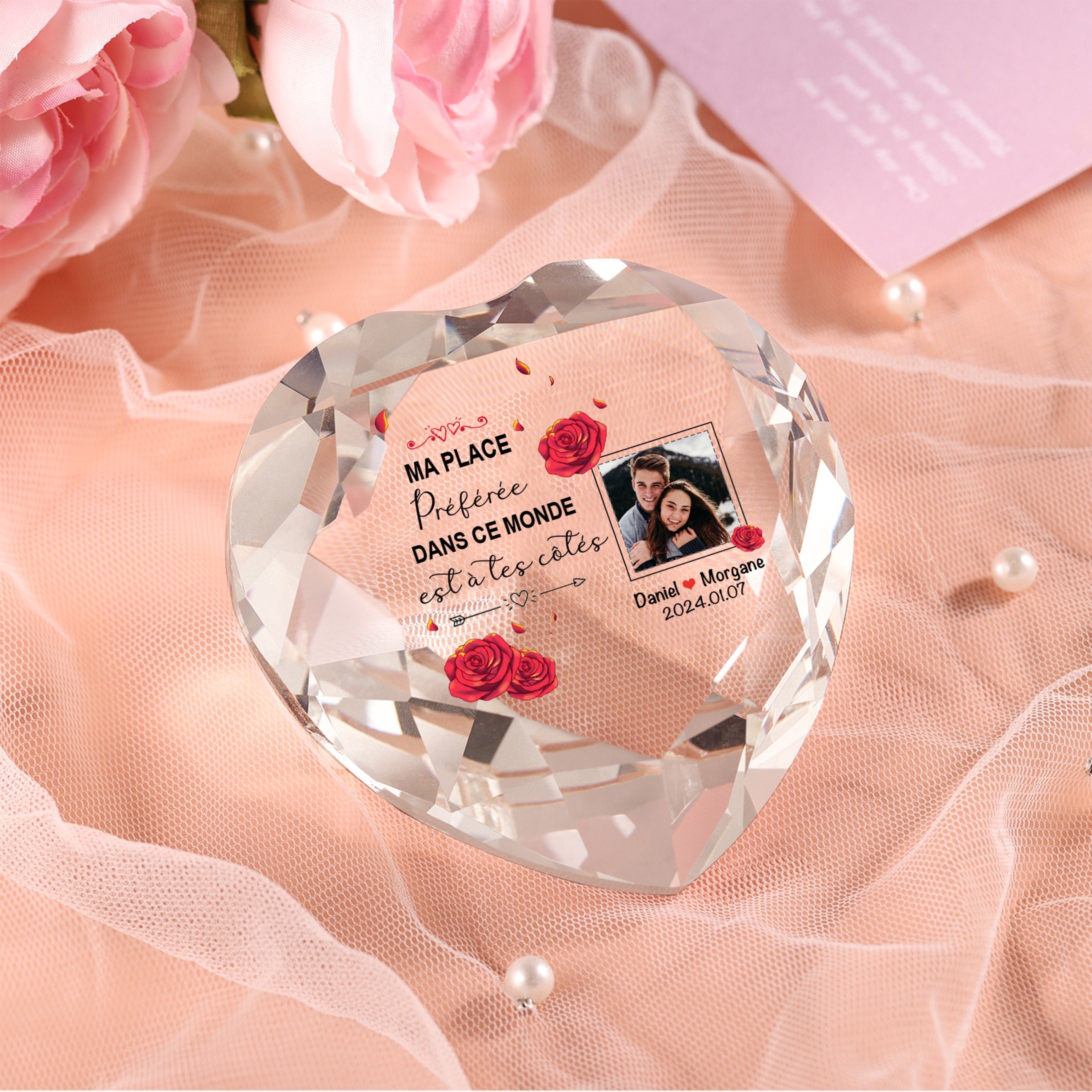 Décoration Cristal Cœur 2 Prénoms et 1 Photo Personnalisés avec Date pour Couple