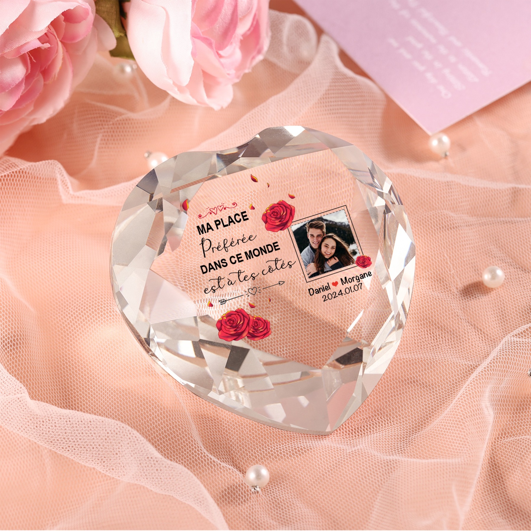 Décoration Cristal Cœur 2 Prénoms et 1 Photo Personnalisés avec Date pour Couple